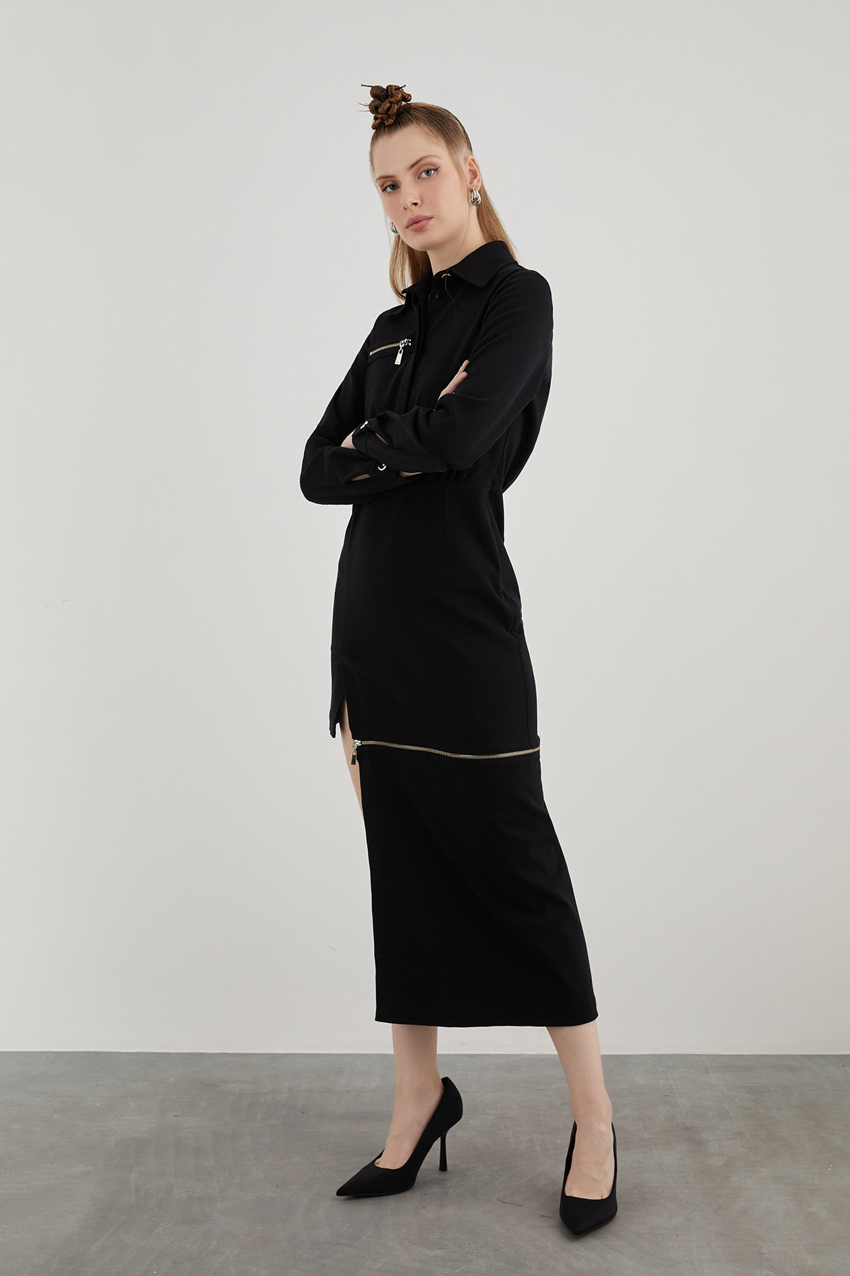 Fermuar Detaylı Midi Boy Elbise