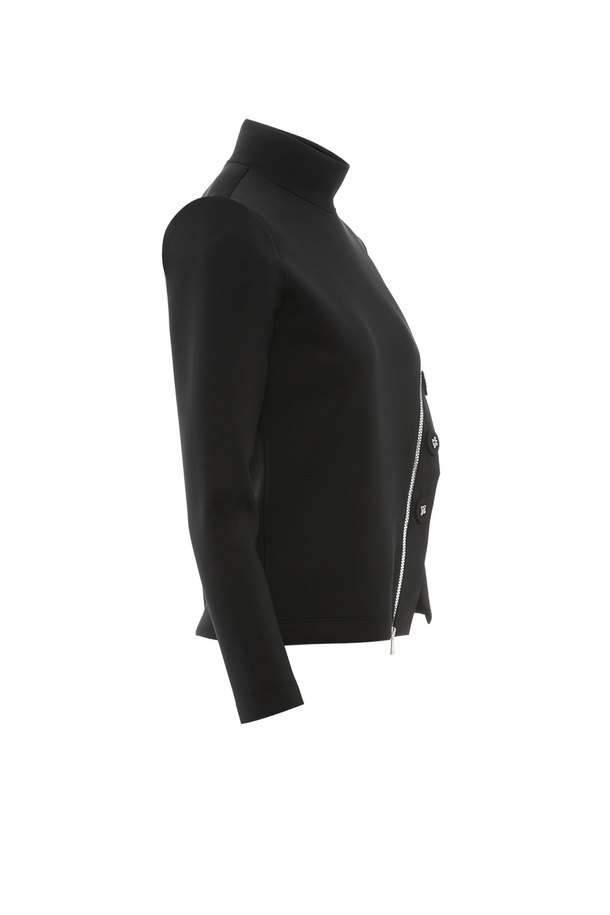 İşlemeli Düğme Detaylı Dik Yaka Scuba Uzun Kollu T-Shirt