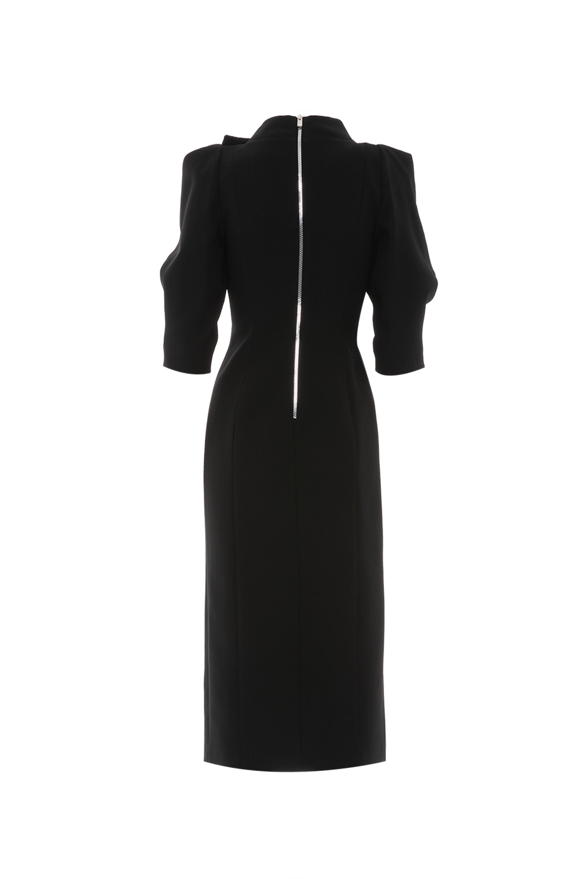 İşleme Detay Önü Yırtmaçlı Karpuz Kol Midi Boy Siyah Elbise