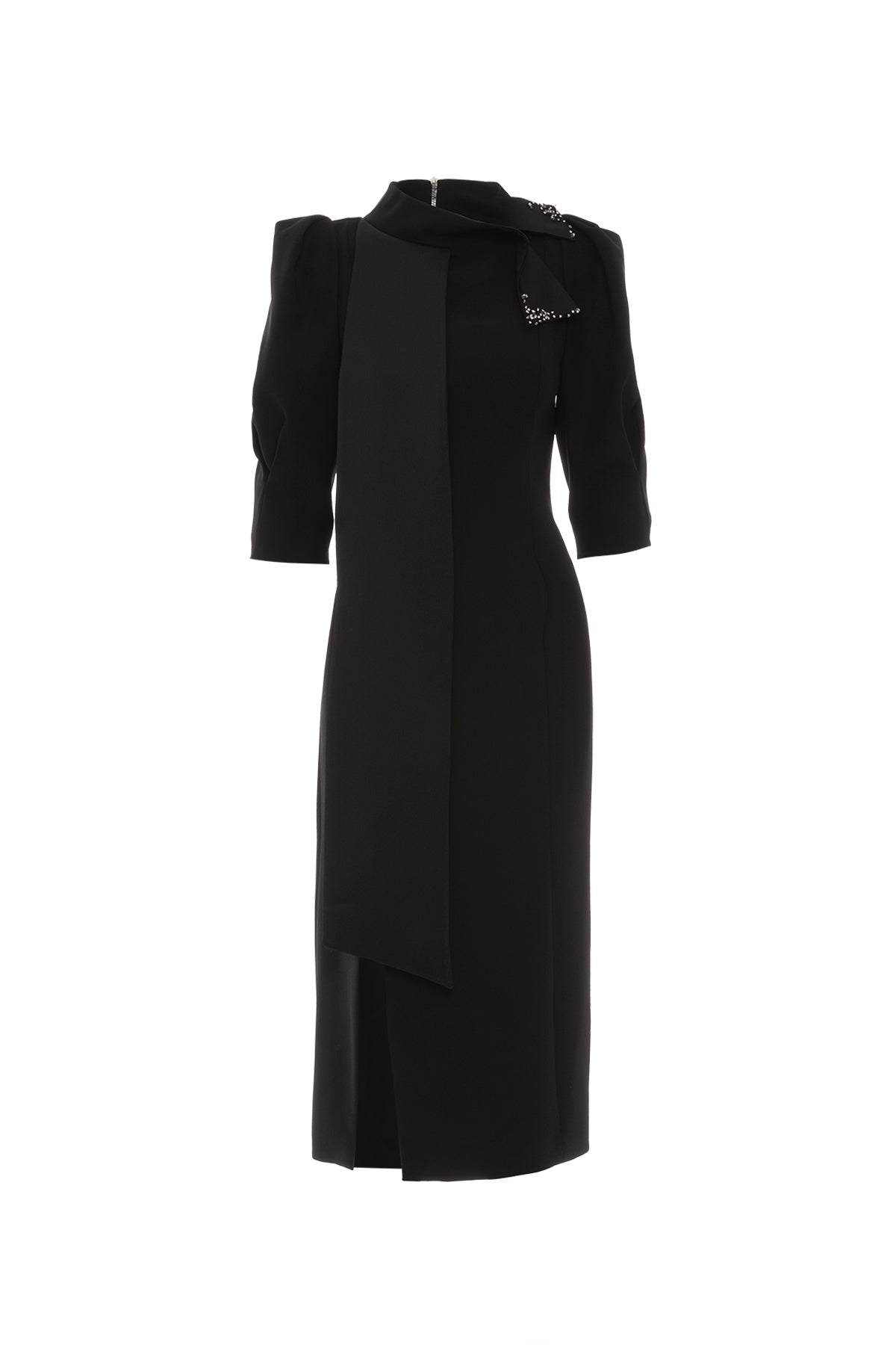 İşleme Detay Önü Yırtmaçlı Karpuz Kol Midi Boy Siyah Elbise