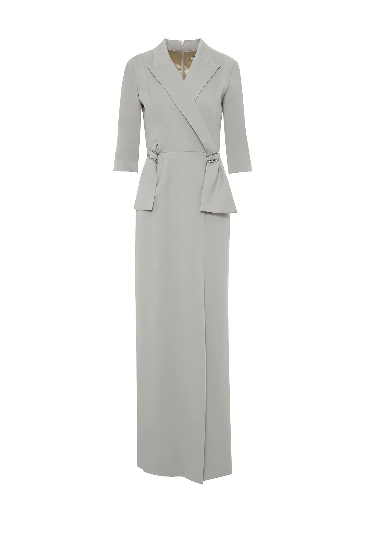 Şık Yaka Detaylı Yaka Ucu İşlemeli Vatkalı Uzun Elbise