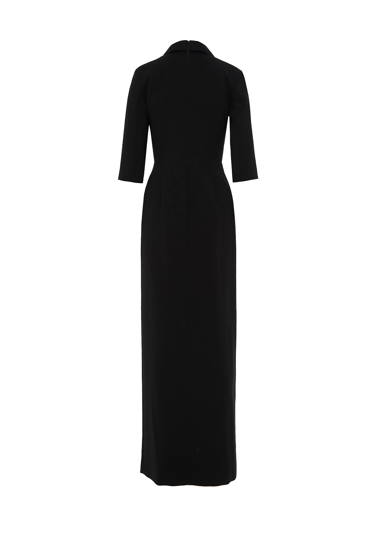 Şık Yaka Detaylı Yaka Ucu İşlemeli Vatkalı Uzun Siyah Elbise