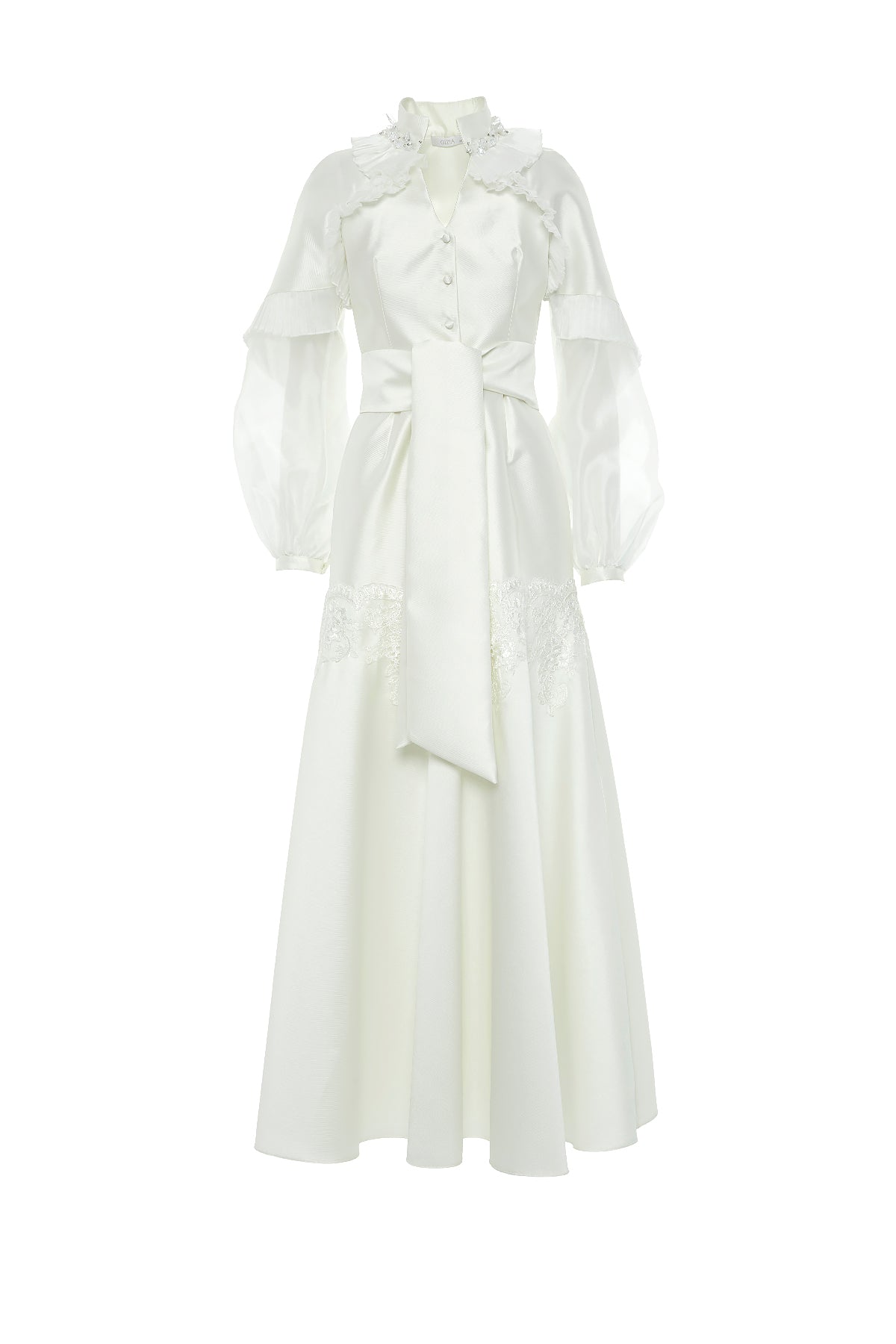 Pile Detaylı Yakası İşlemeli V Yaka Kloş Maxi Elbise