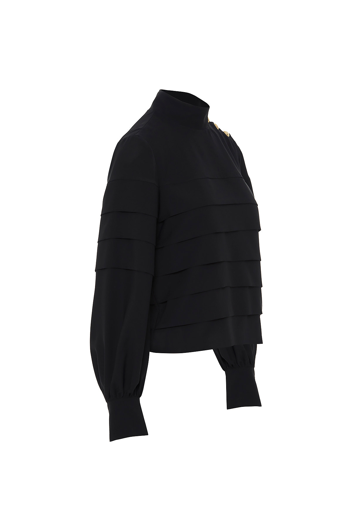 Omuzdan Düğme Detaylı Kat Kat Dik Yaka Bluz