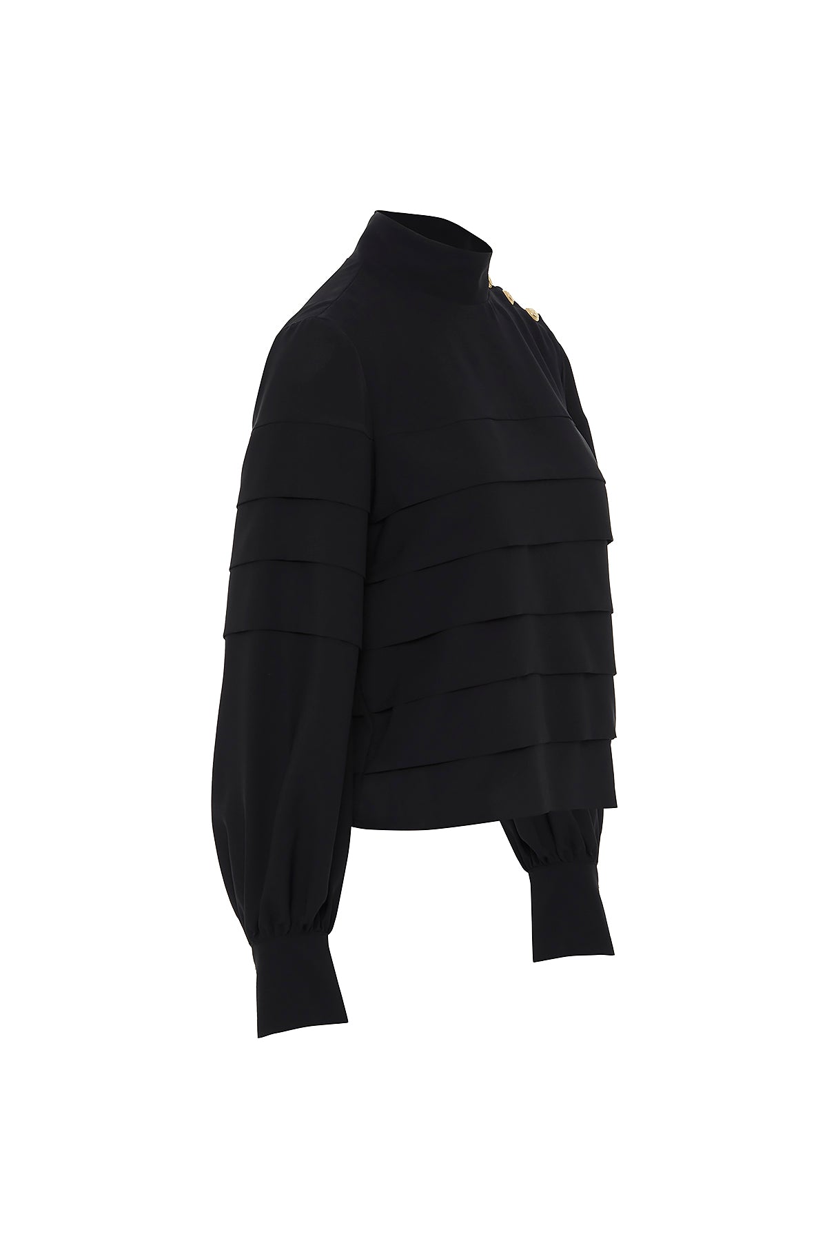 Omuzdan Düğme Detaylı Kat Kat Dik Yaka Bluz