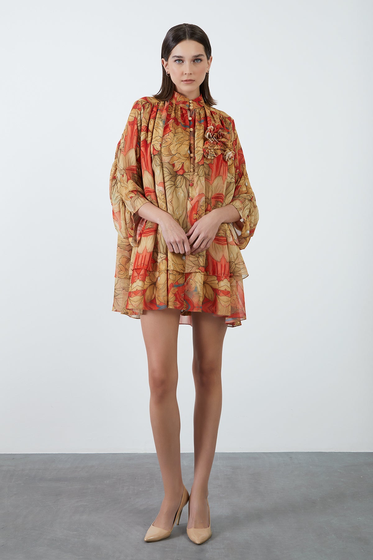 Çiçek Desenli Şifon Mini Elbise