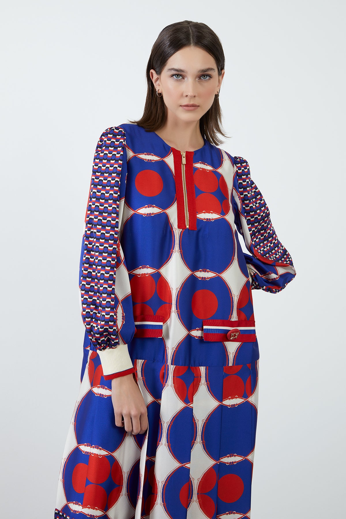 Önü Fermuar Detaylı Desenli Midi Elbise