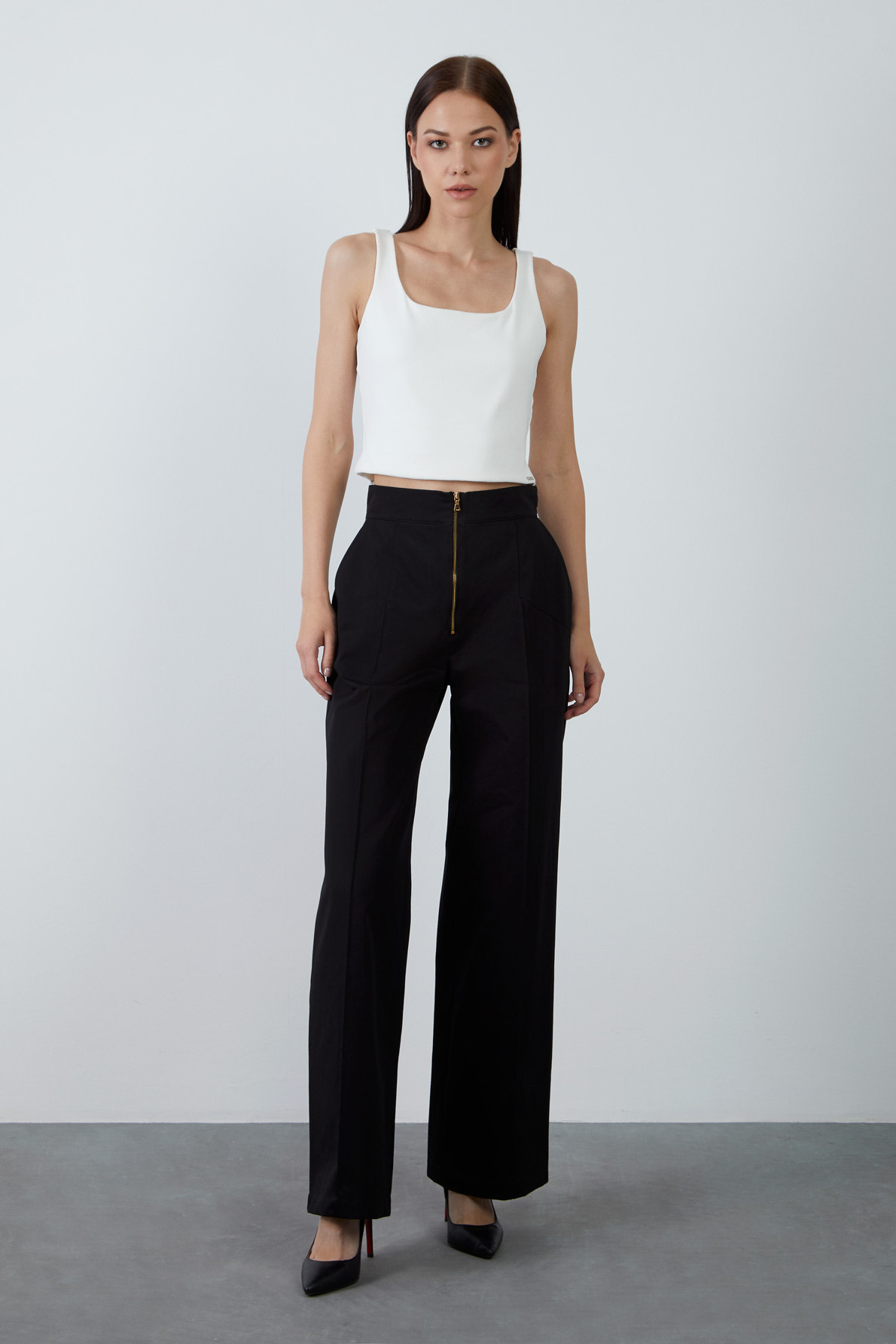 Fermuar Detaylı Yüksek Bel Pantolon