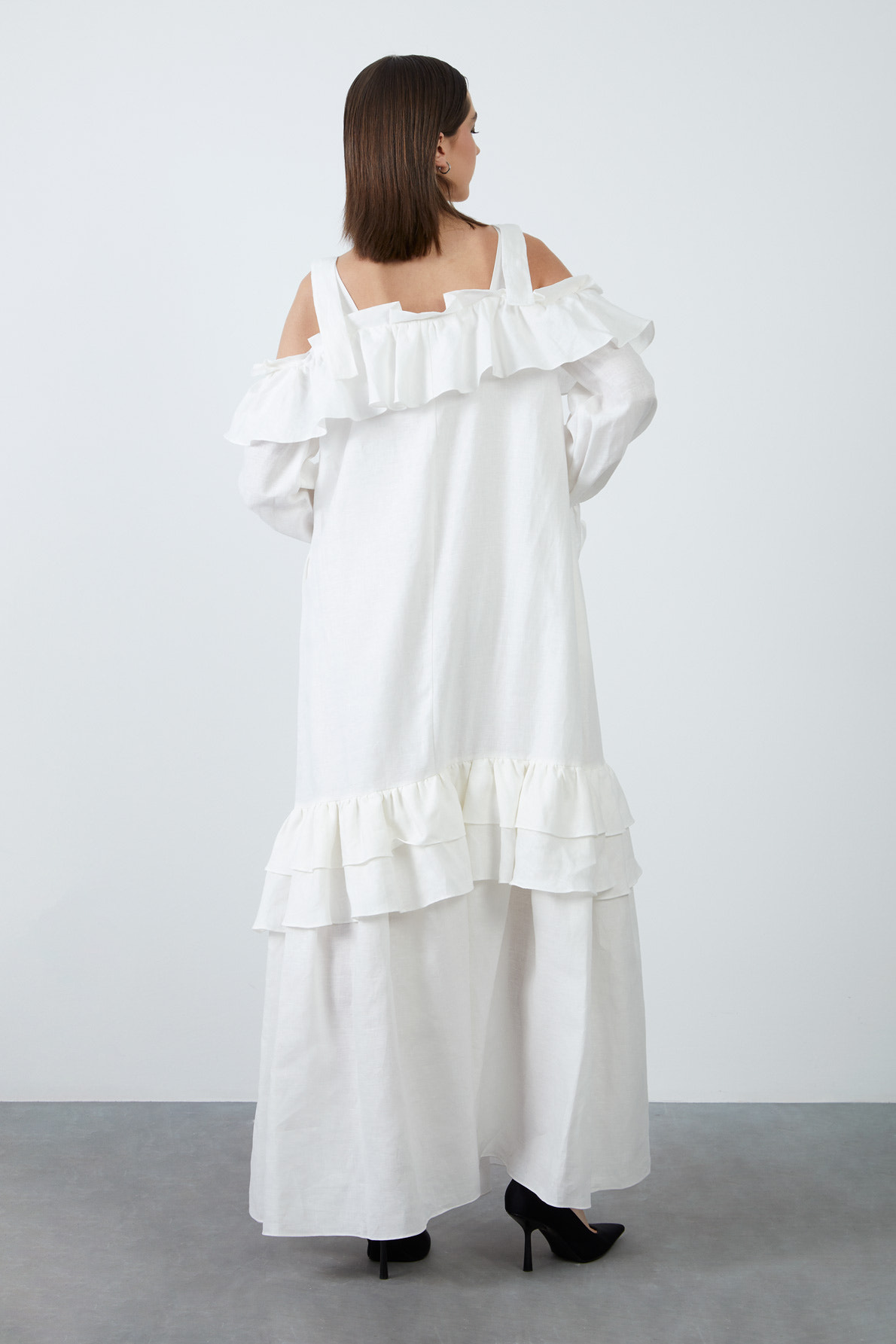 Ayarlanabilir Kalın Askılı Kolucu Büzgülü Uzun Keten Elbise