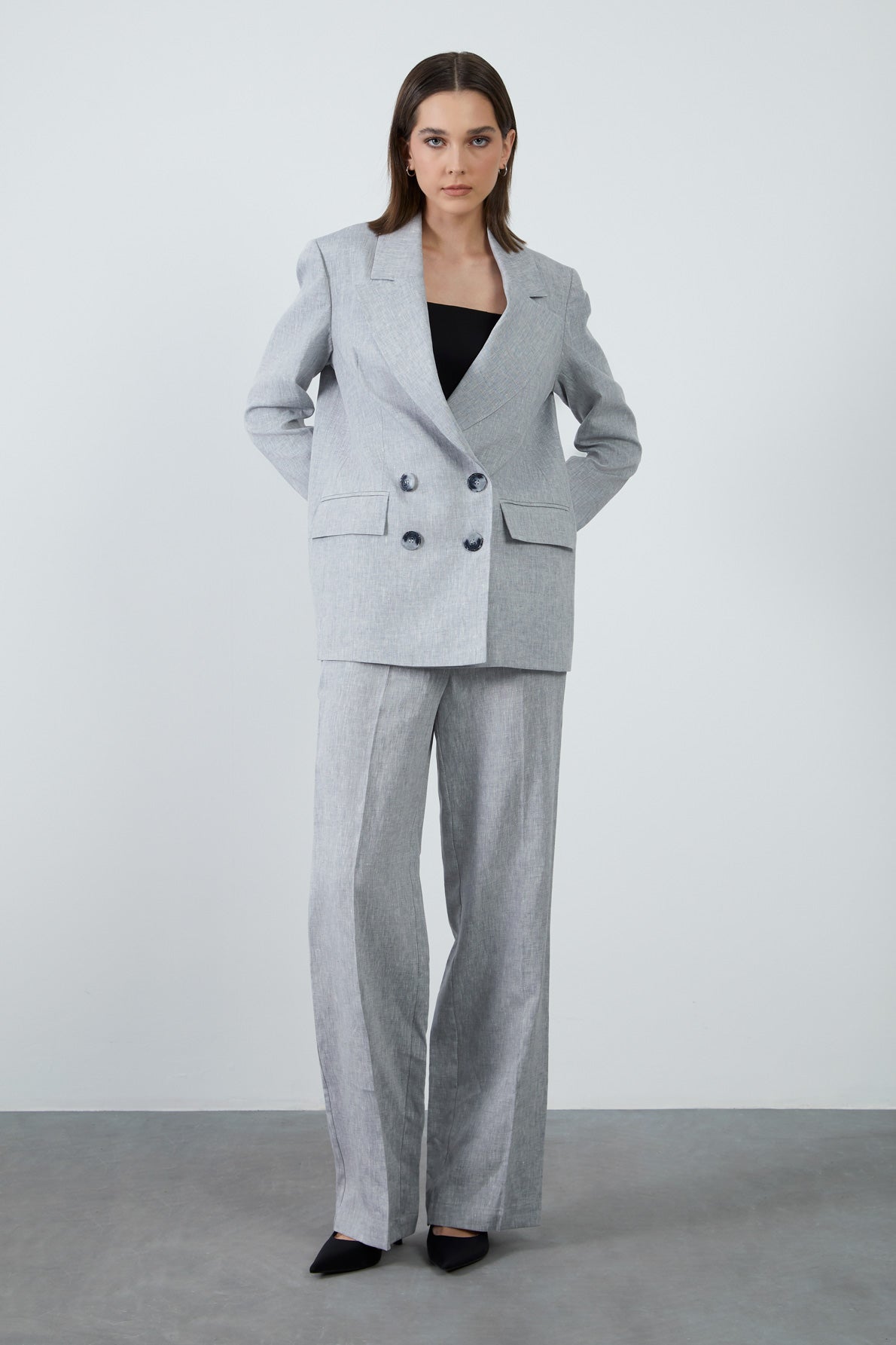 Cepli Tek Düğmeli Desenli Ceketli Ve Palazzo Pantolonlu Takım