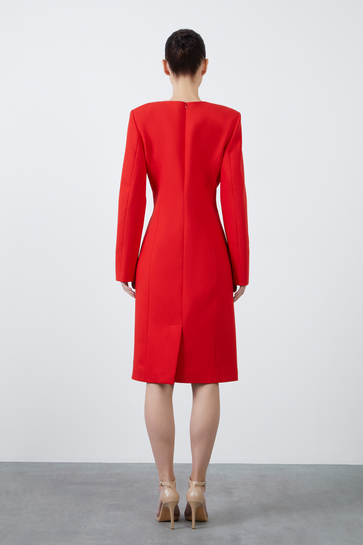 Uzun Kollu Cepli Midi Boy Kalem Elbise