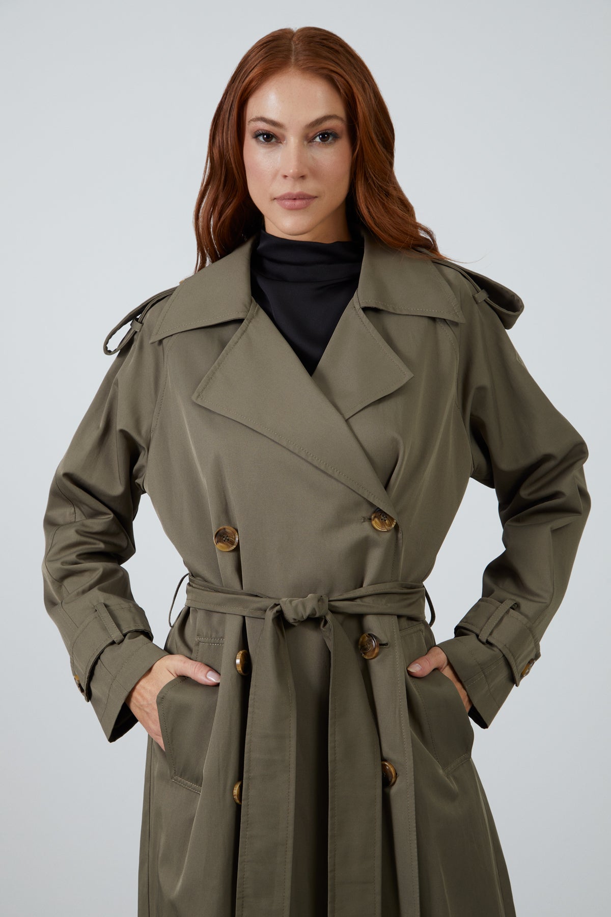 Uzun Kollu Beli Kemerli Trenchcoat