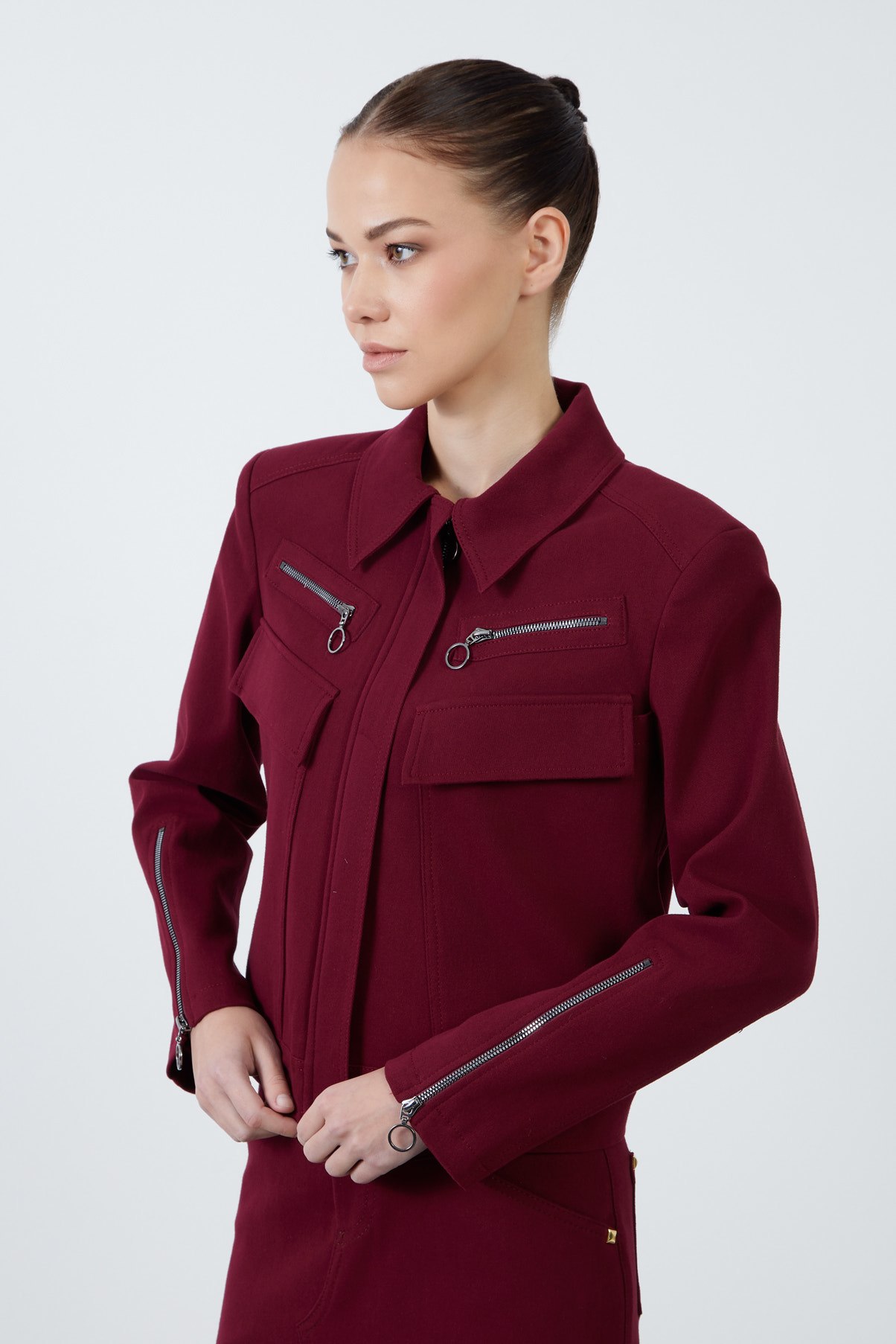 Cep Ve Fermuar Detaylı Bordo Spor Ceket