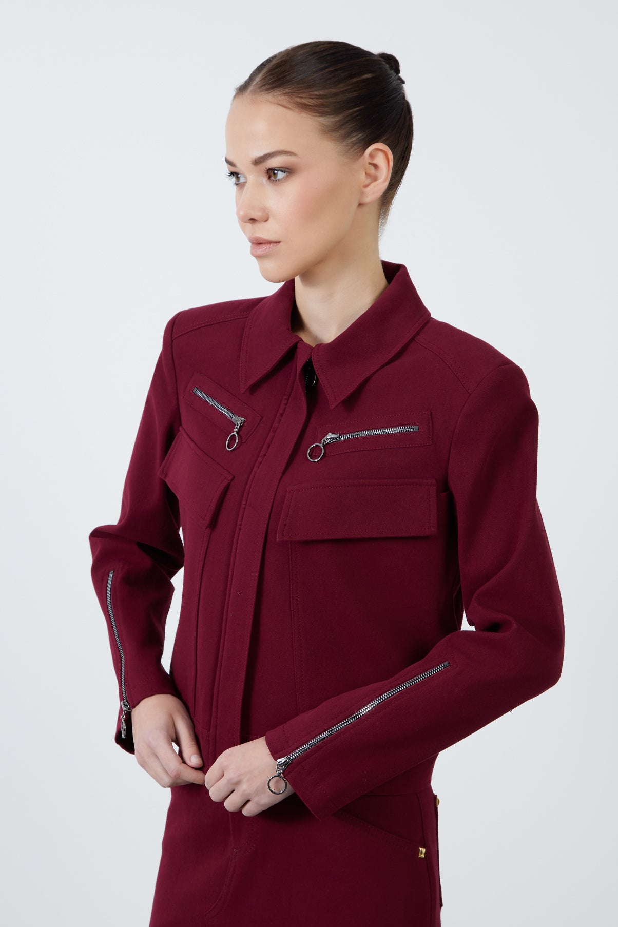 Cep Ve Fermuar Detaylı Bordo Spor Ceket