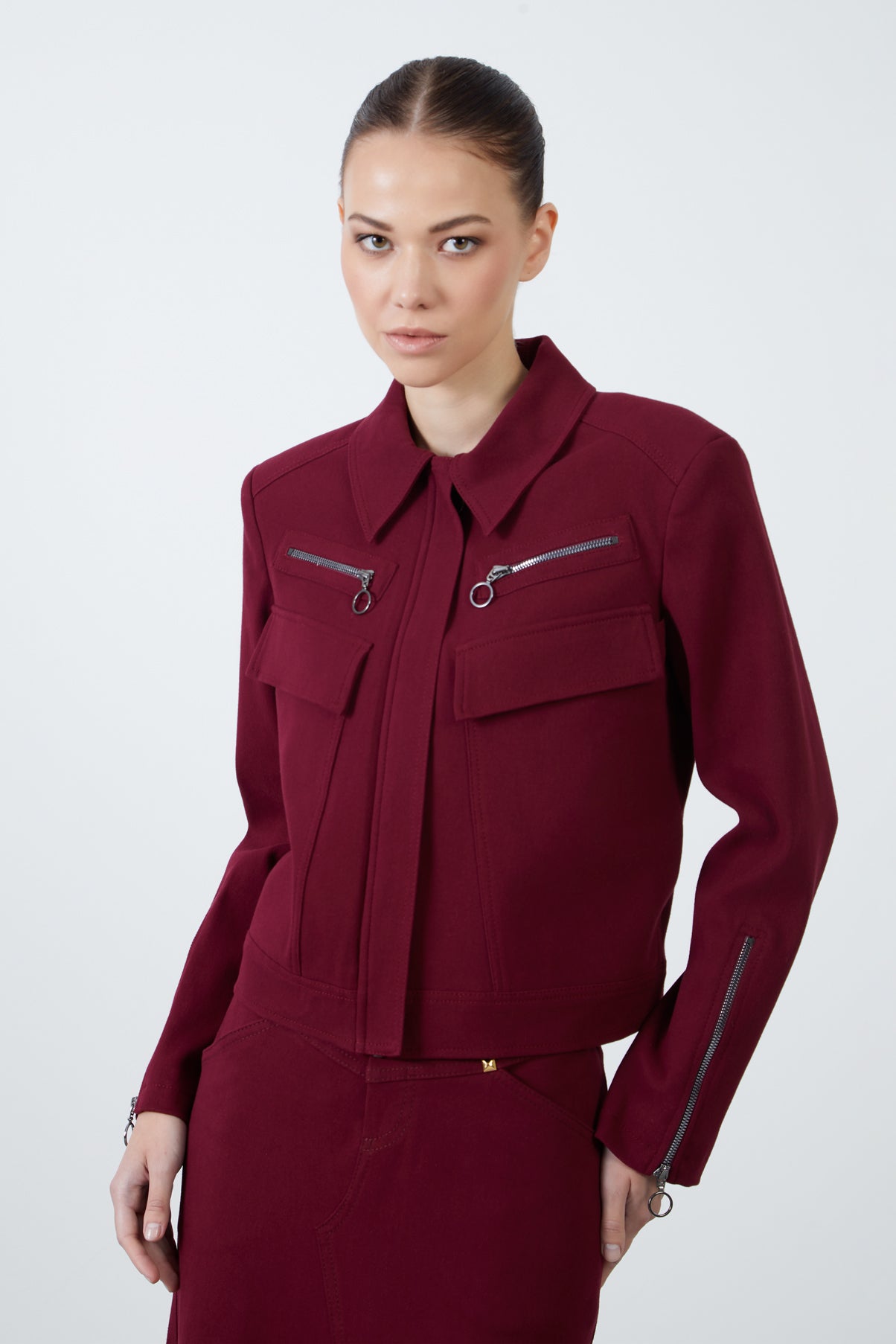 Cep Ve Fermuar Detaylı Bordo Spor Ceket
