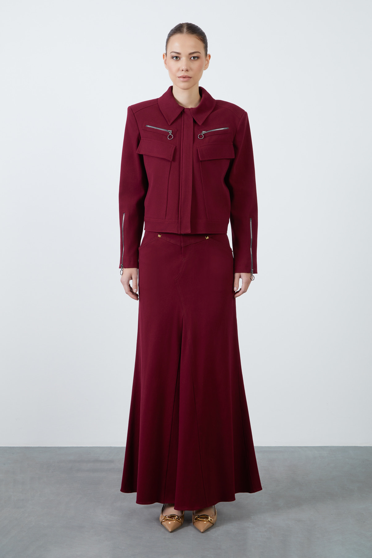 Cep Ve Fermuar Detaylı Bordo Spor Ceket