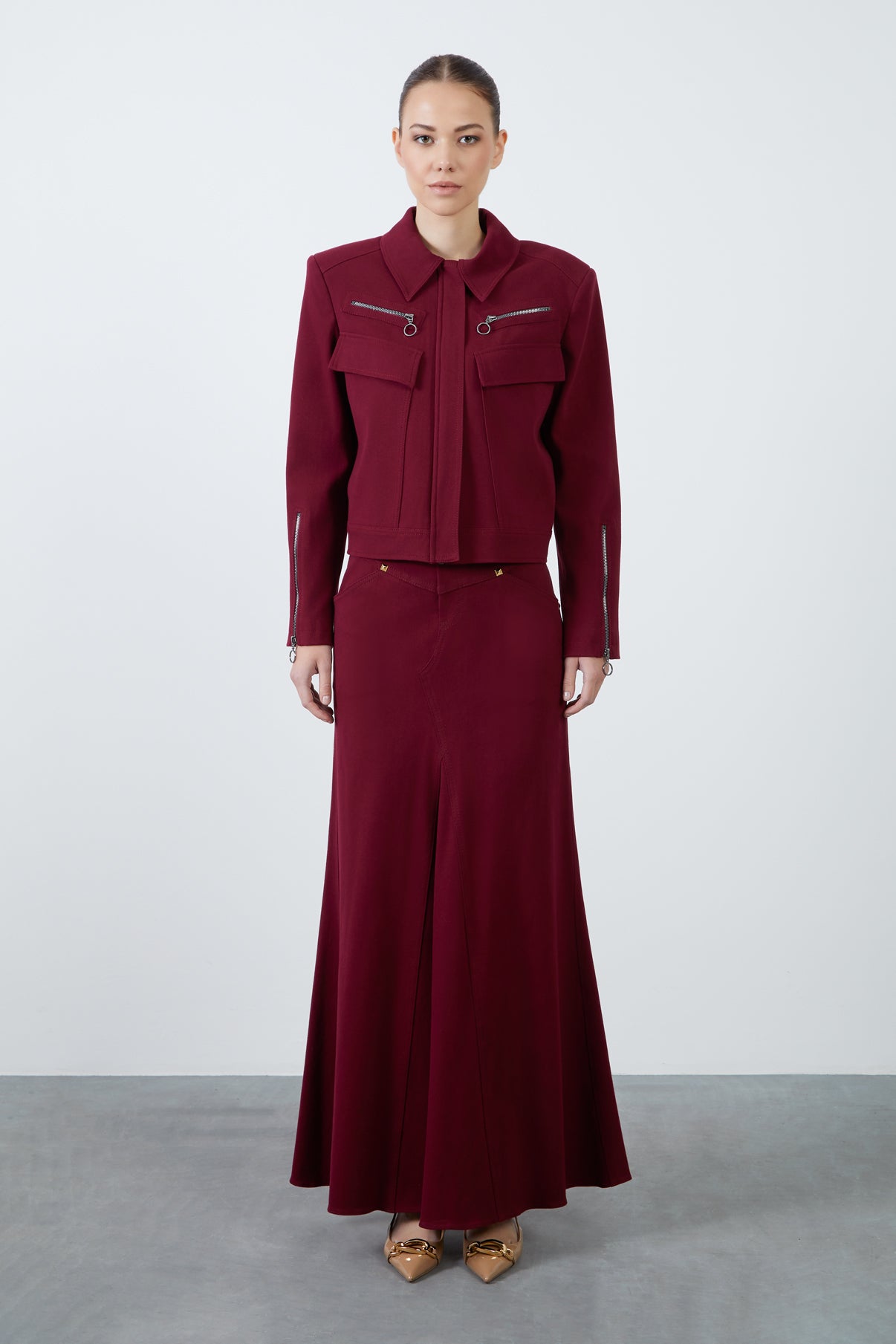 Cep Ve Fermuar Detaylı Bordo Spor Ceket