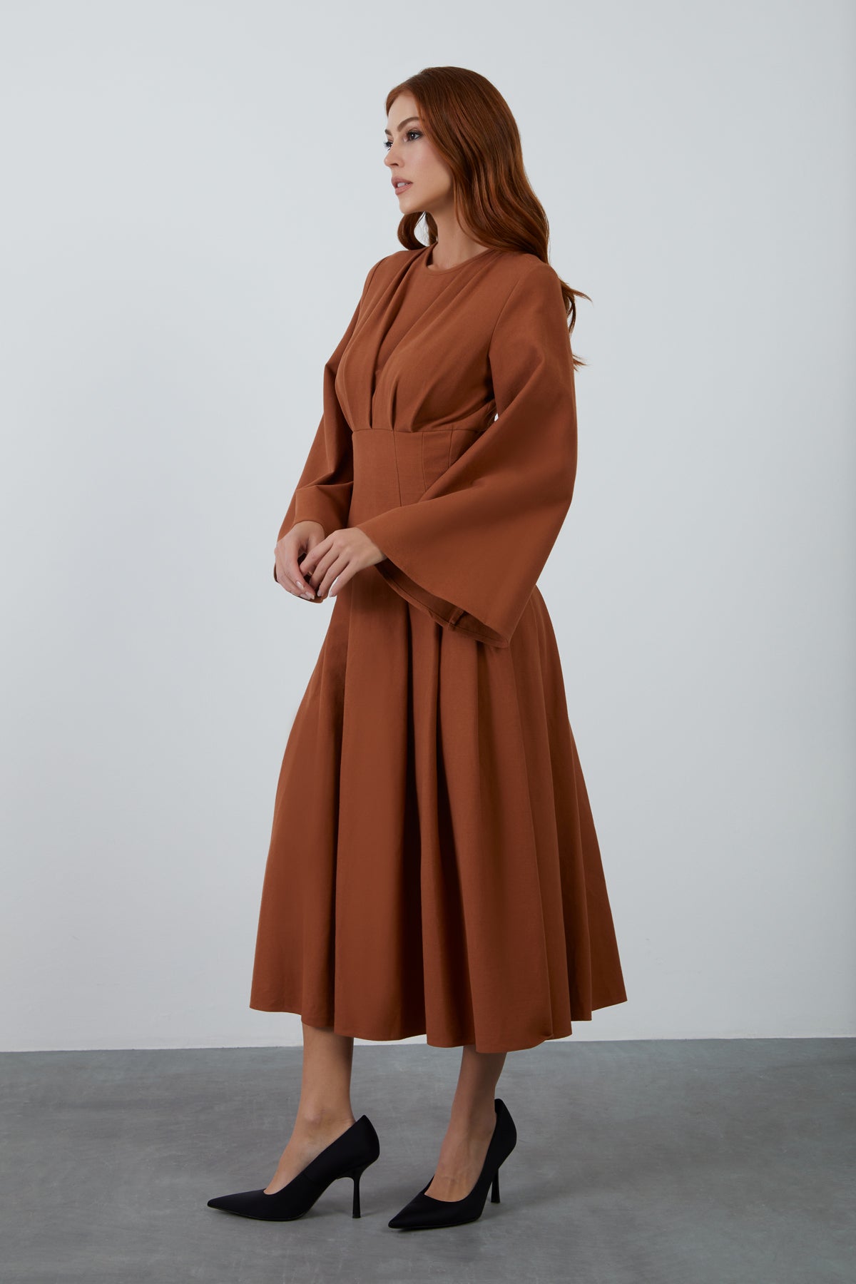 Bisiklet Yaka Midi Boy Taba Elbise