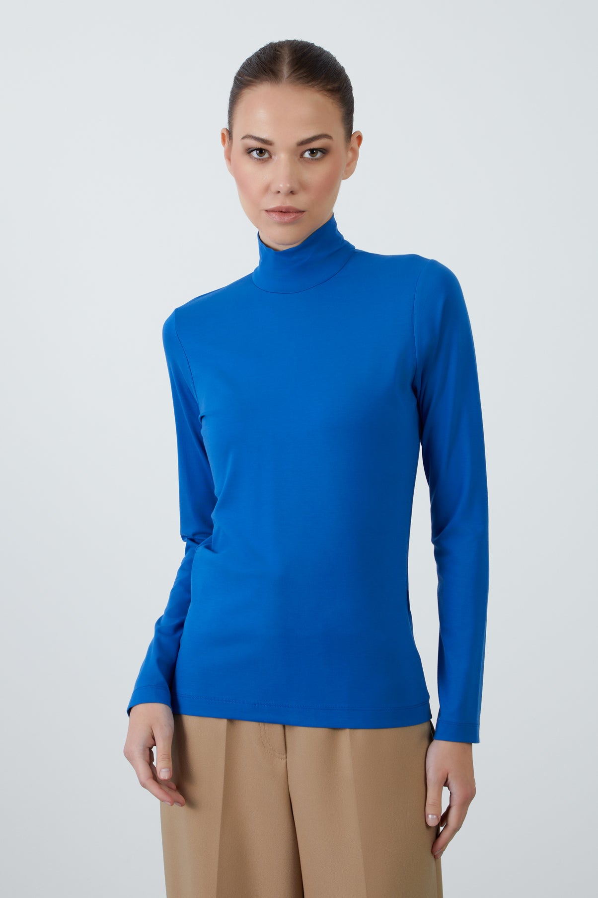 Arkası Fermuarlı Balıkçı Yaka Uzun Kollu Mavi Örme Bluz