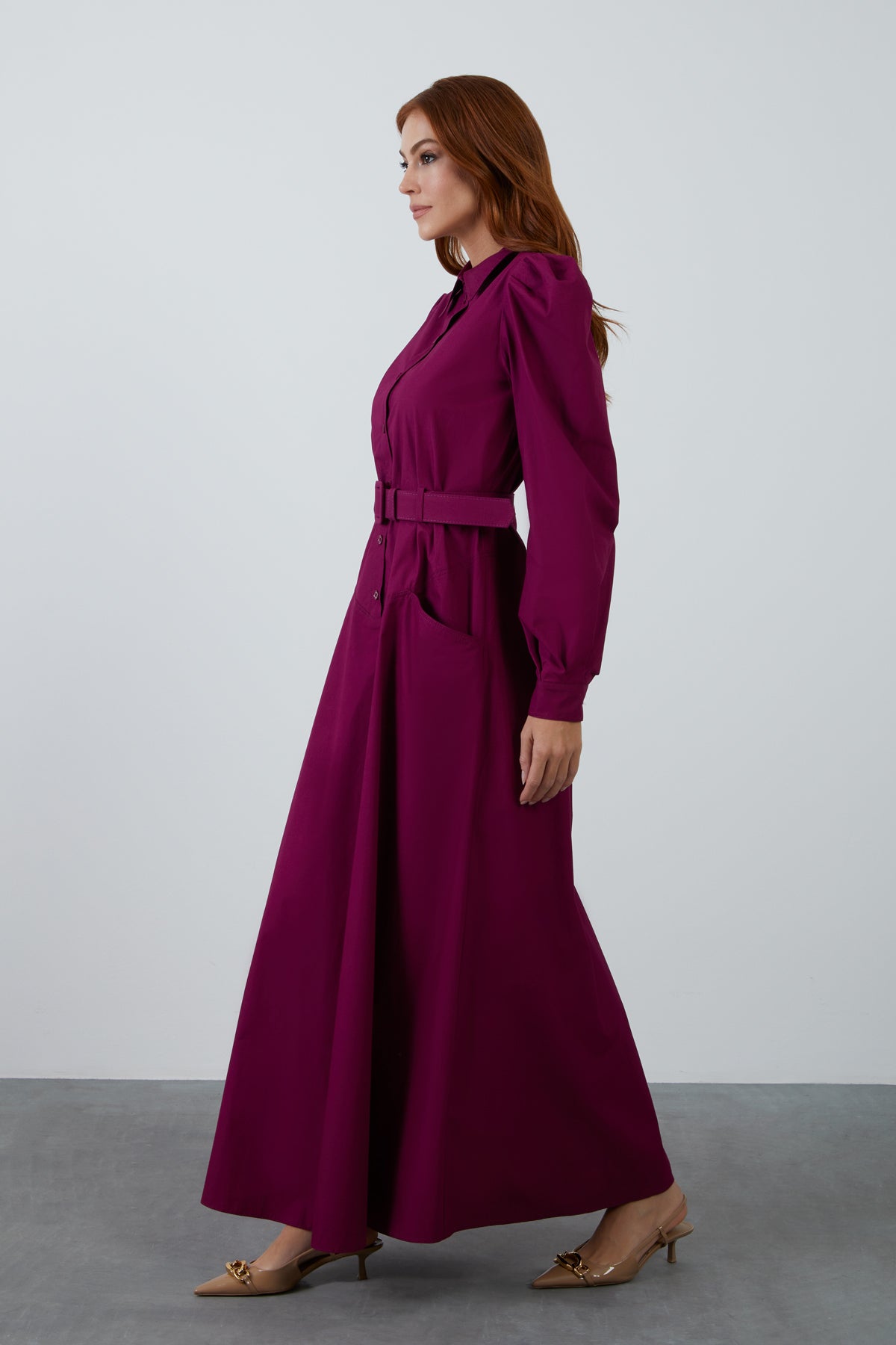 Kemer Detaylı Cepli Uzun Mor Elbise