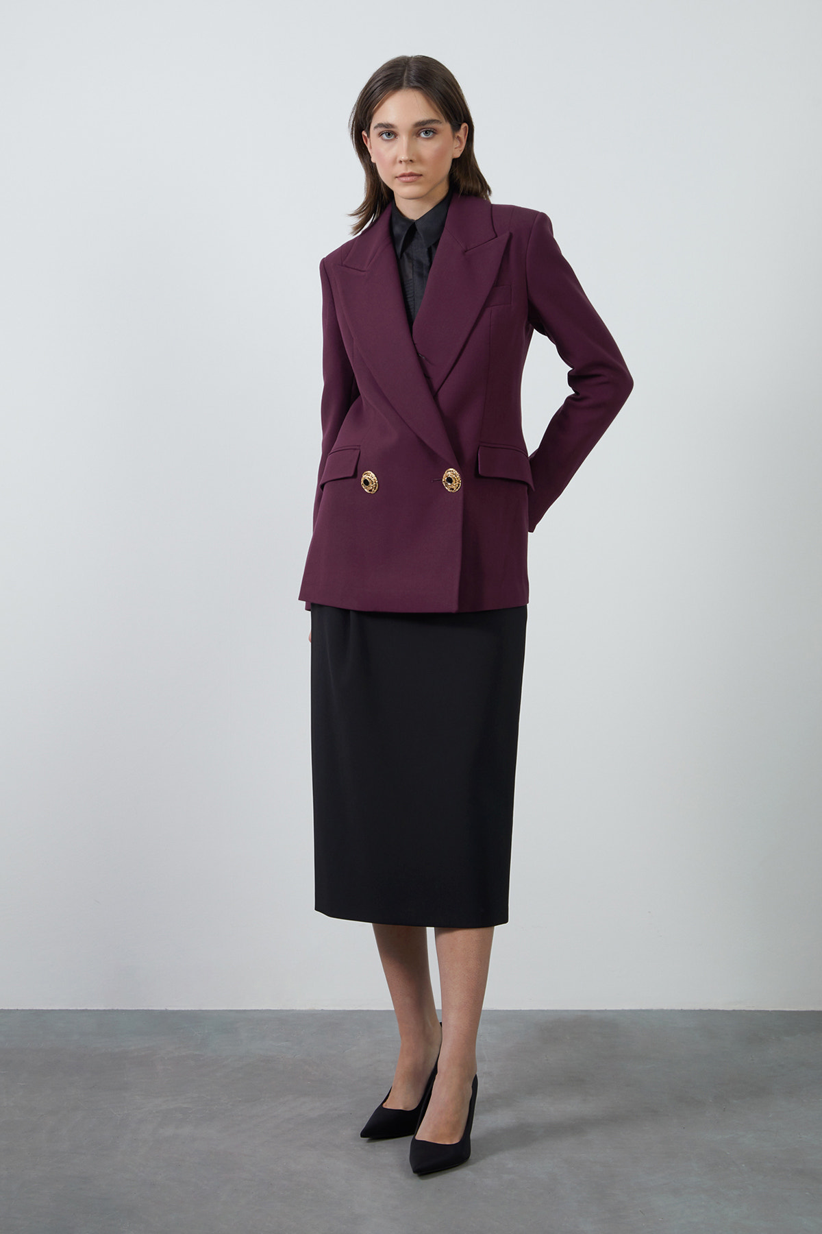 Gold Düğme Detaylı Mürdüm Ceket