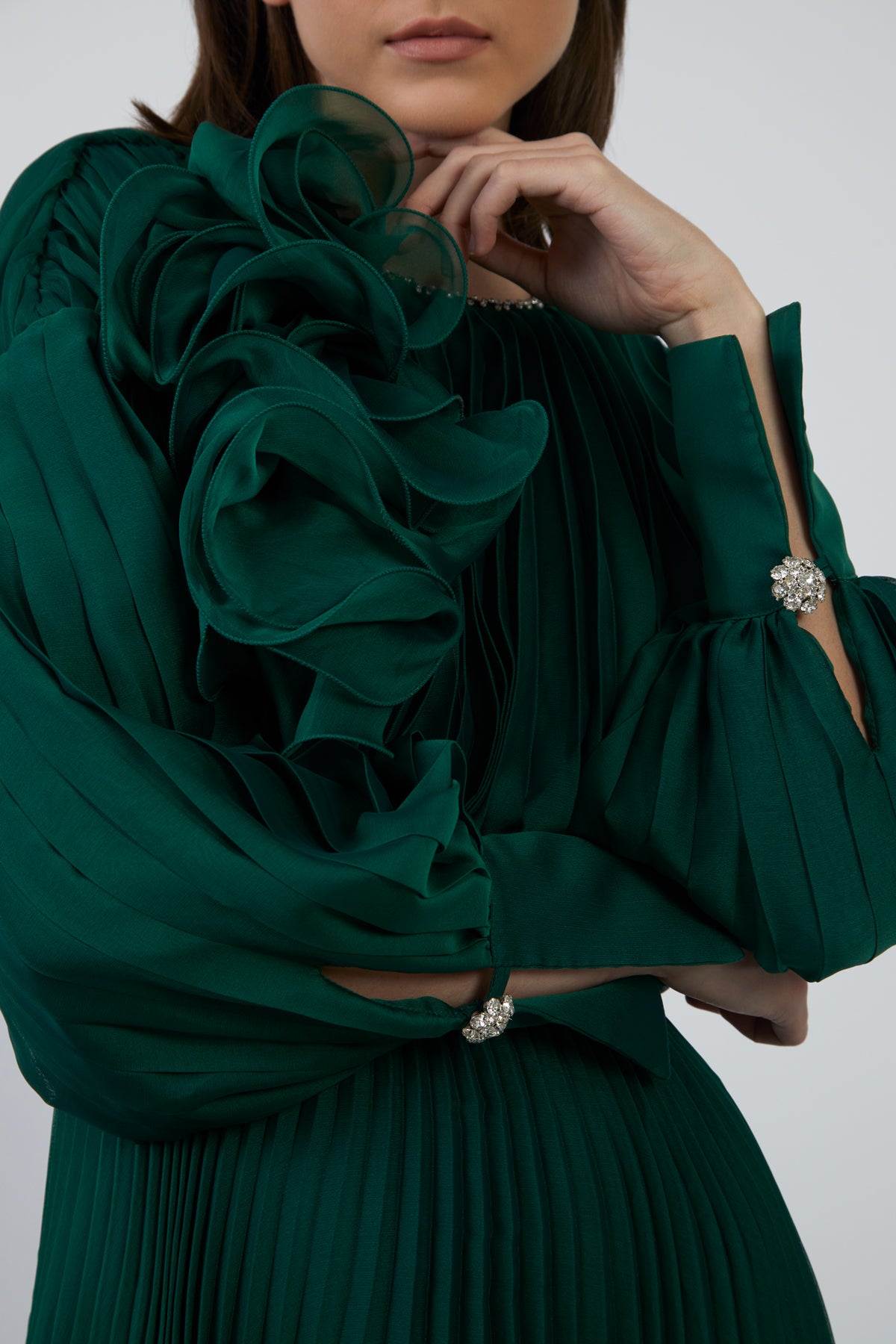 Pliseli Uzun Kloş Yeşil Abiye Elbise