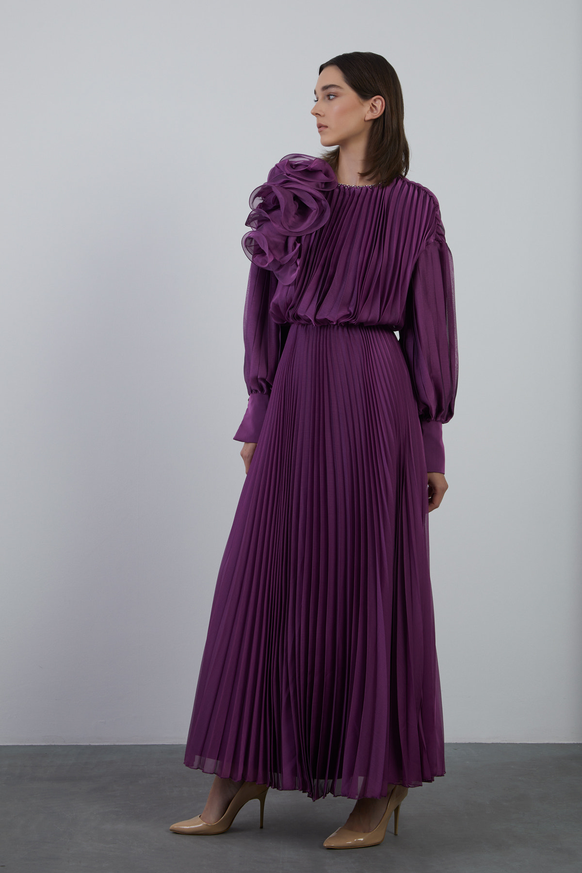 Pliseli Maxi Kloş Abiye Elbise