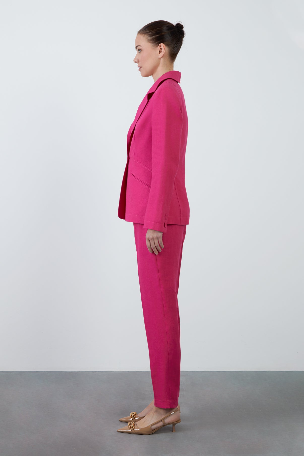 Tek Düğme Kapamalı Uzun Kol Koyu Keten Ceket