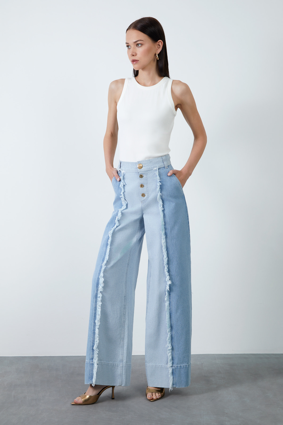 Çift Renkli Bol Paça Jens Pantolon