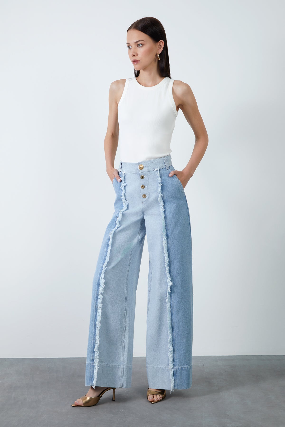 Çift Renkli Bol Paça Jens Pantolon