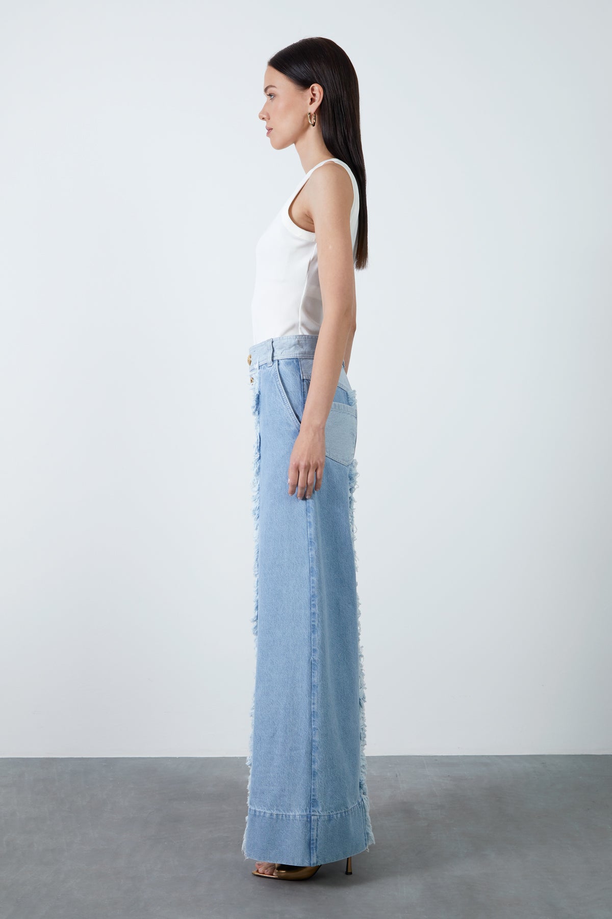 Çift Renkli Bol Paça Jens Pantolon