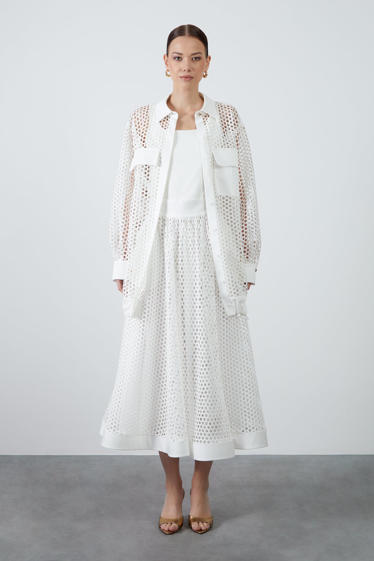 Cep Detaylı Fileli Uzun Gömlek