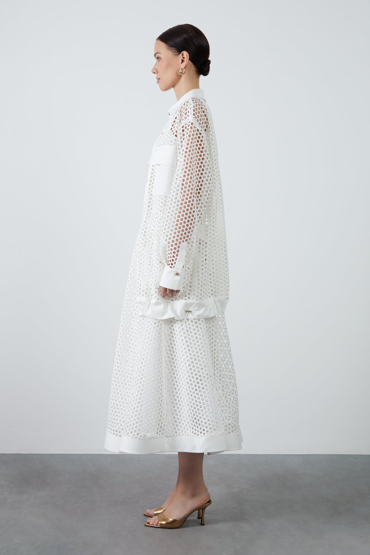 Cep Detaylı Fileli Uzun Gömlek