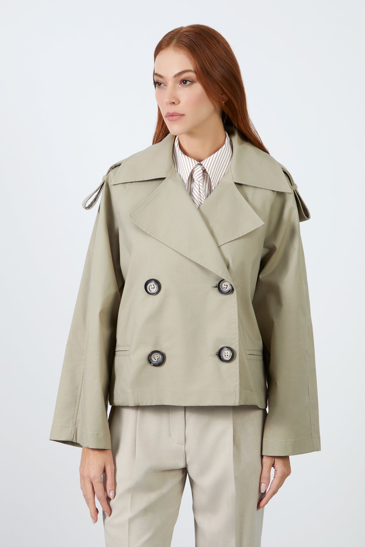 Kruvaze Kapamalı Omuz Apoletli Trenç