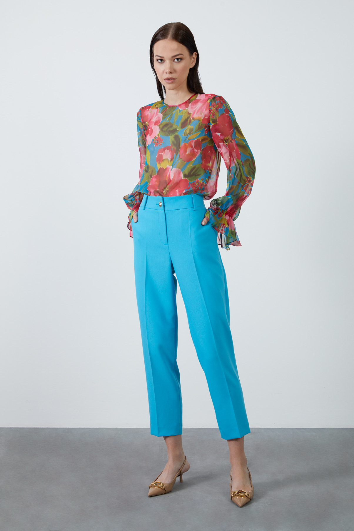 Metal Düğmeli Turkuaz Havuç Pantolon