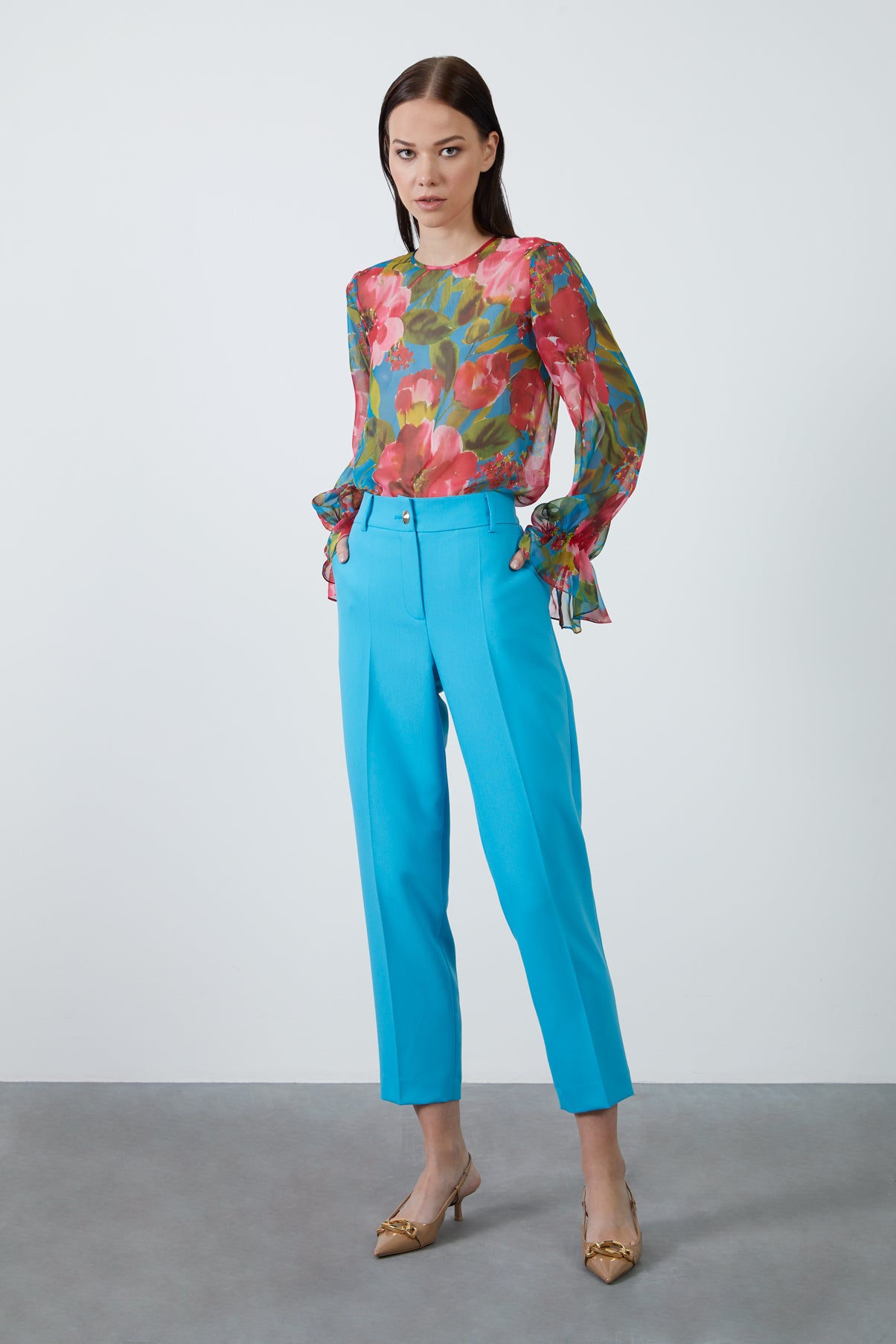 Metal Düğmeli Turkuaz Havuç Pantolon