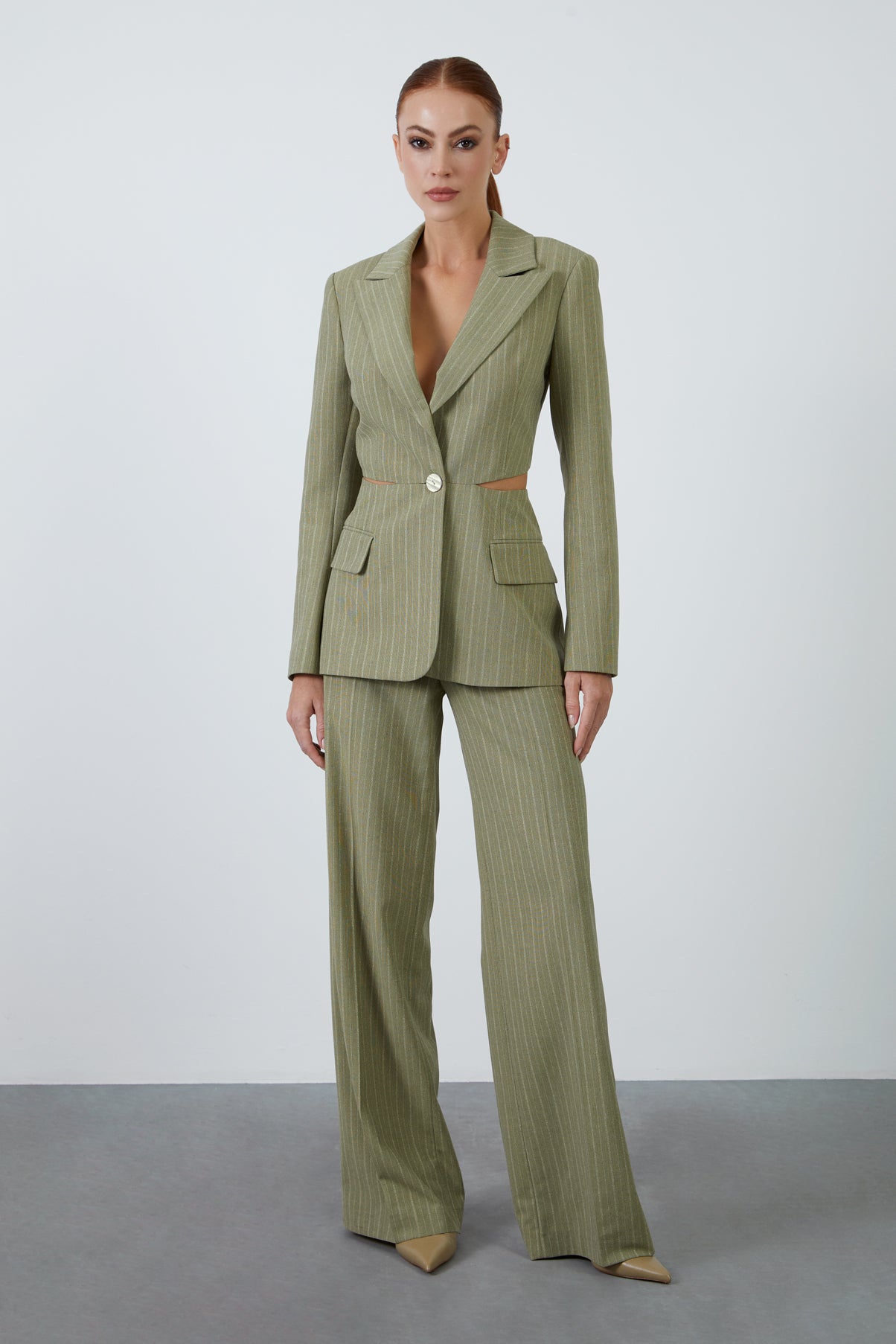 Bel Pencereli Palazzo Pantolonlu Haki Takım