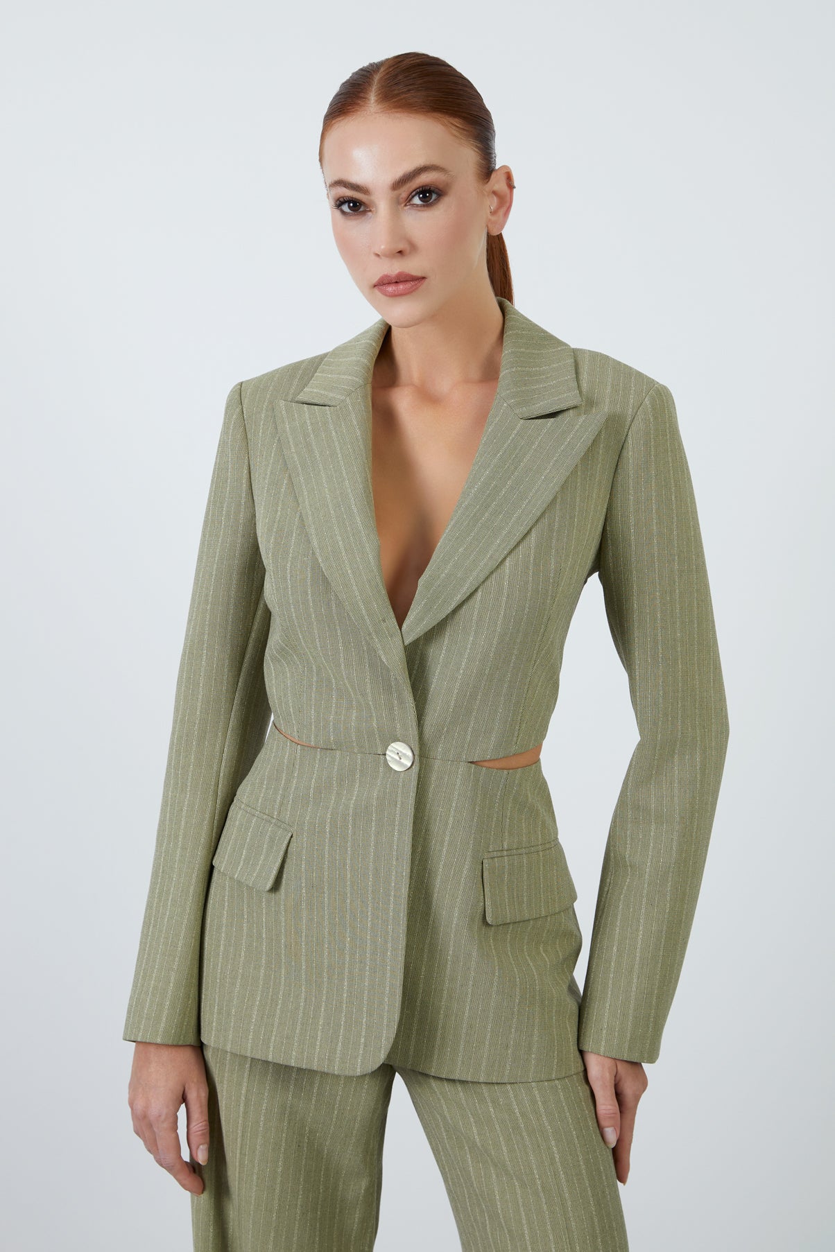 Bel Pencereli Palazzo Pantolonlu Haki Takım