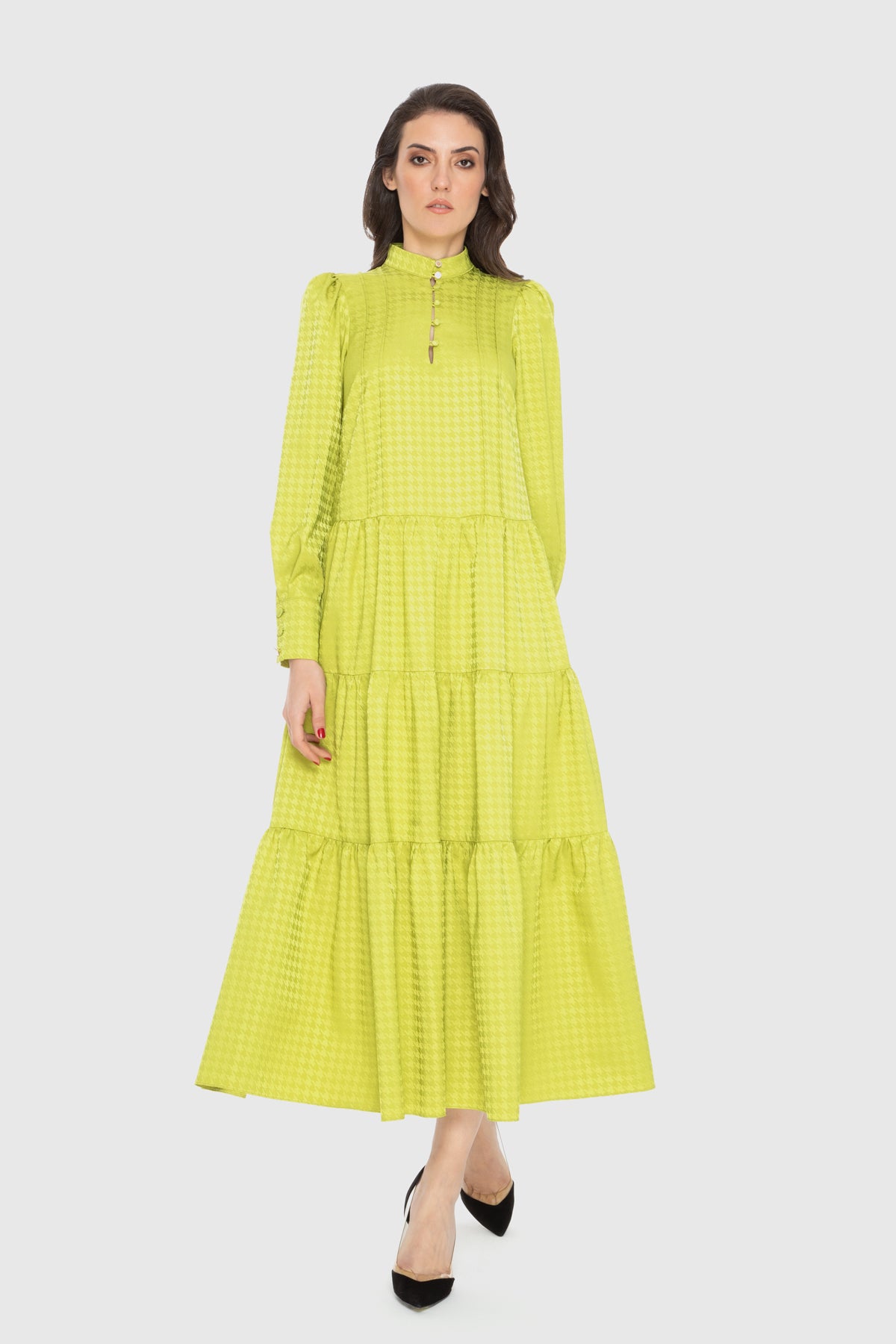 Kazayağı Desenli Midi Elbise