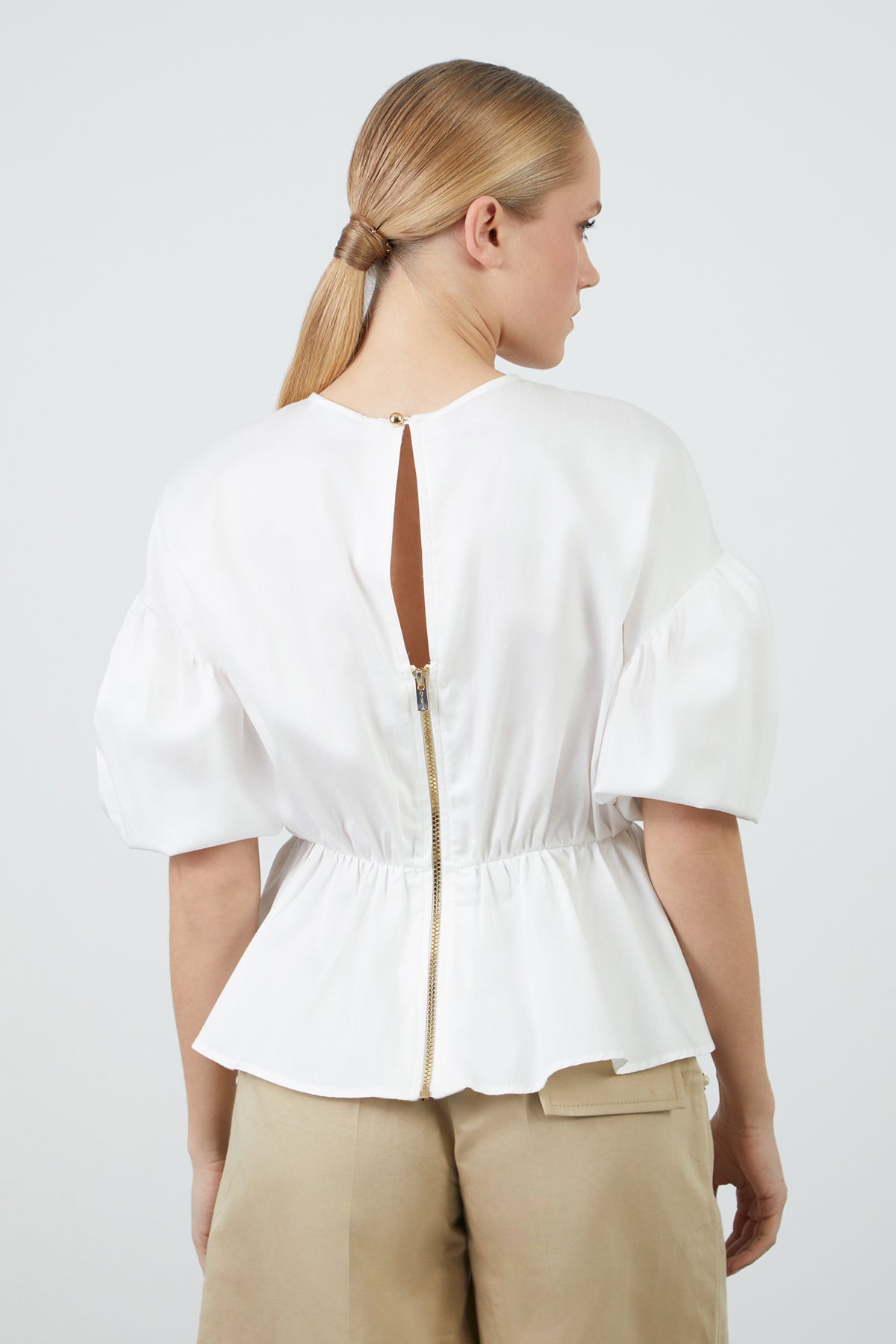 Karpuz Kol Detaylı Beli Büzgülü Poplin Bluz