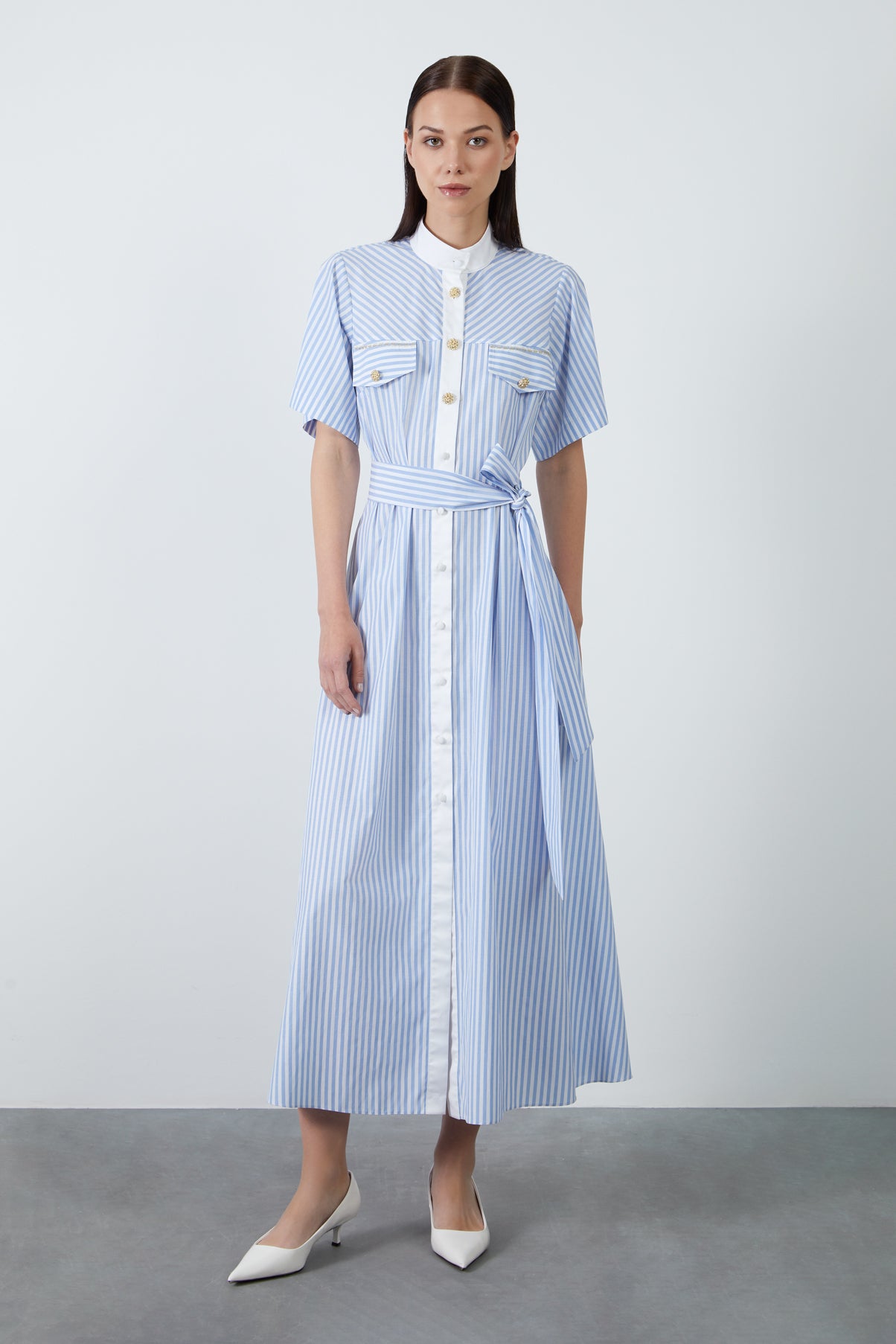 Seyyar Kuşaklı Çizgili Poplin Gömlek Maxi Elbise