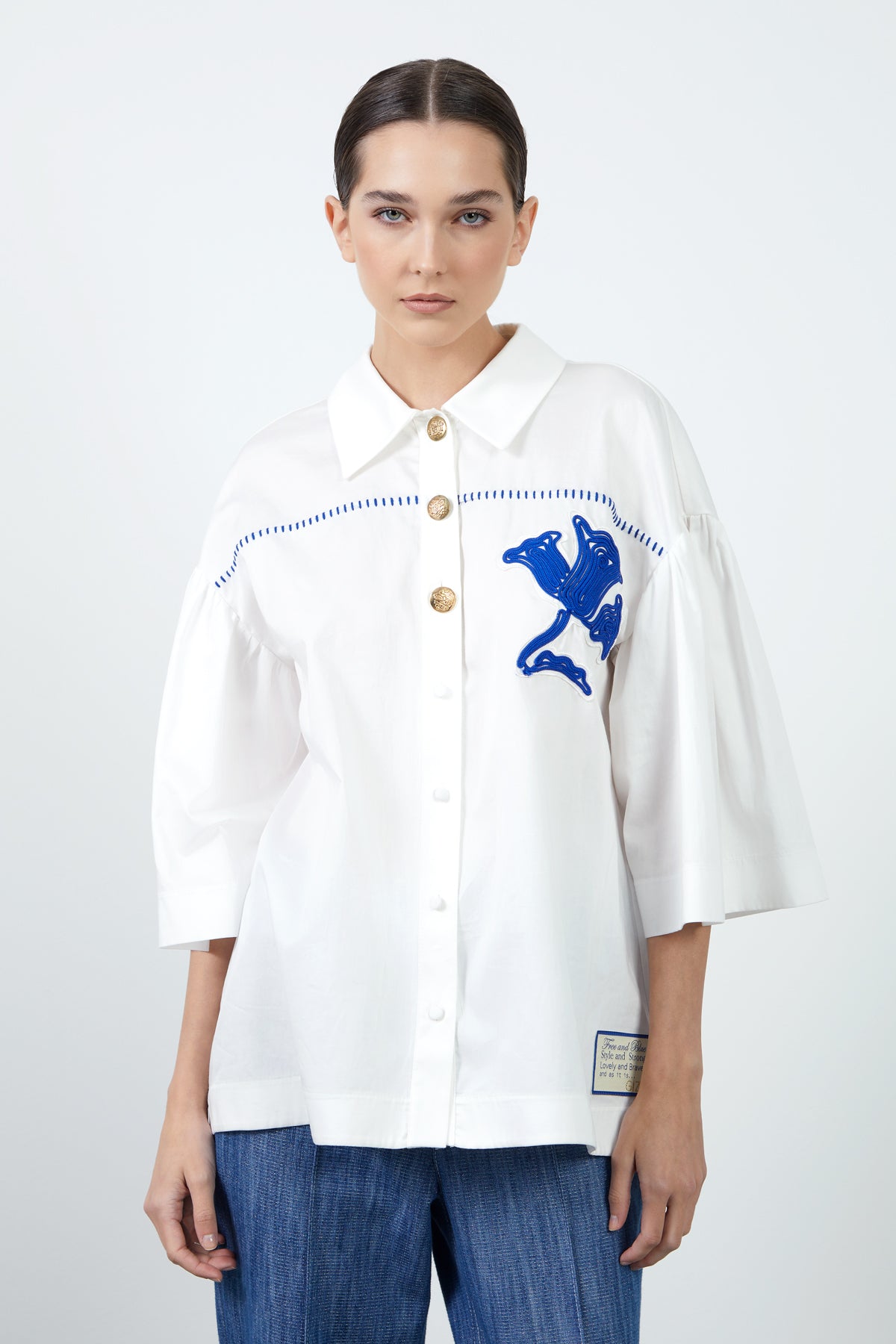 Dikiş Detaylı Nakışlı Poplin Gömlek