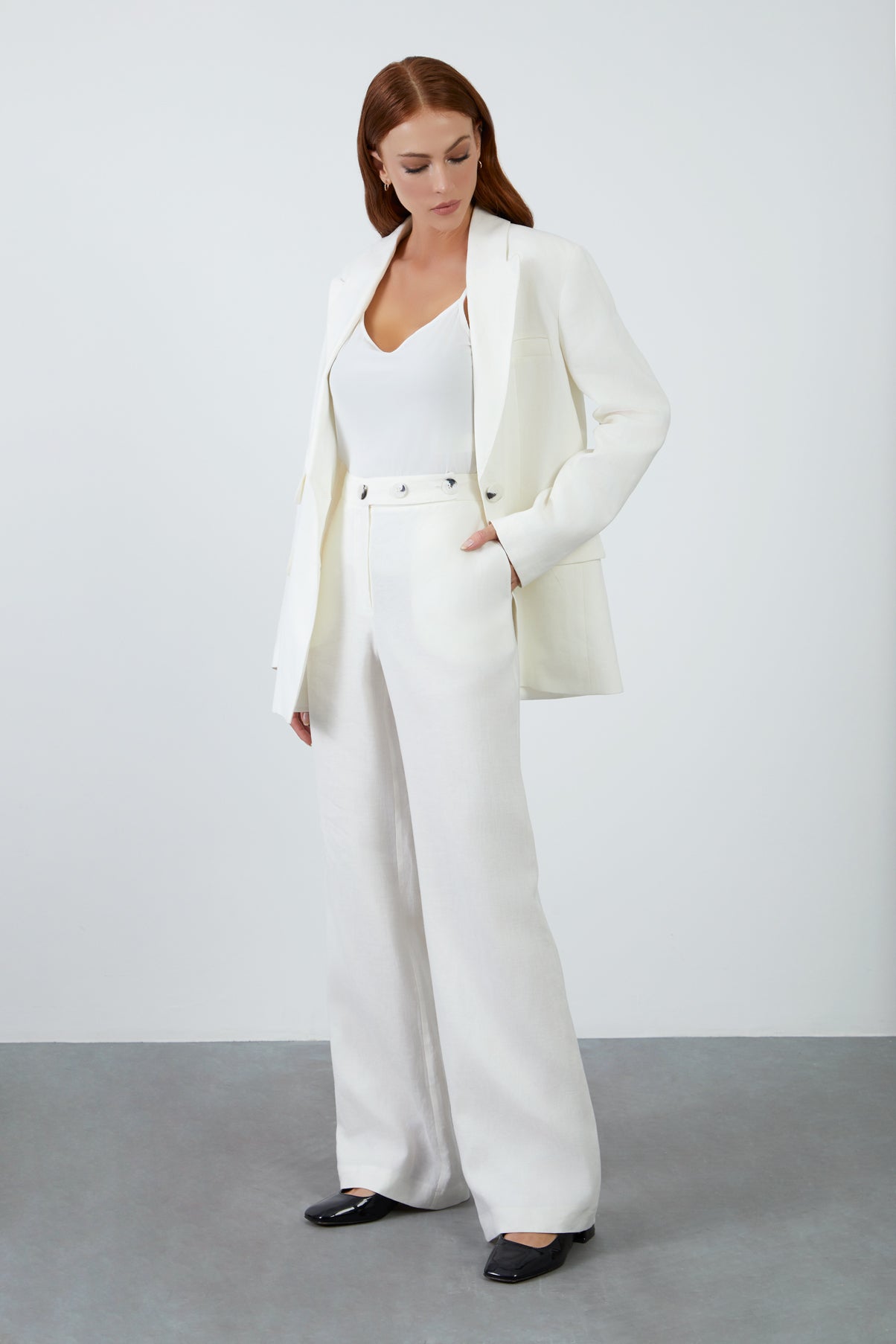 Tek Düğmeli Desenli Ceket Ve Palazzo Pantolonlu Takım