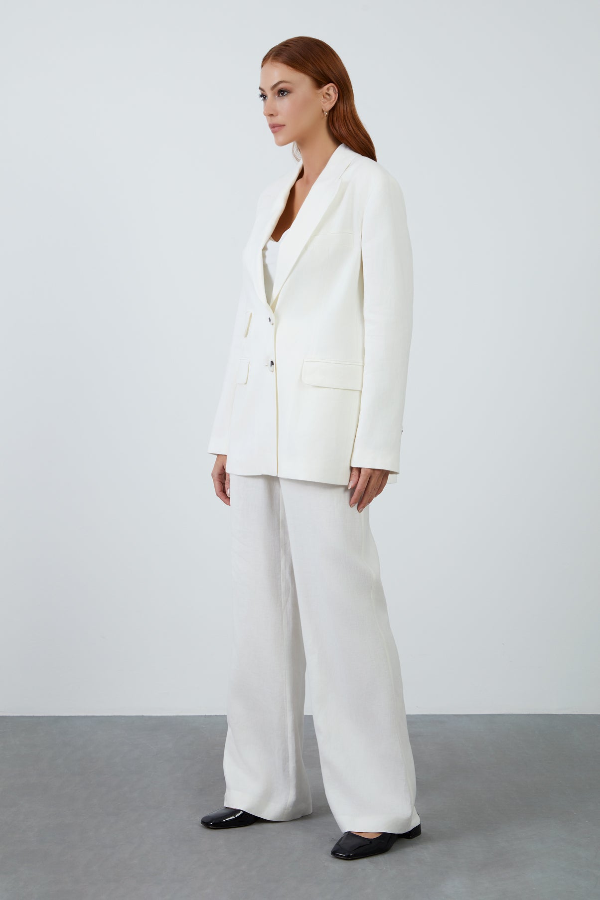 Tek Düğmeli Desenli Ceket Ve Palazzo Pantolonlu Takım