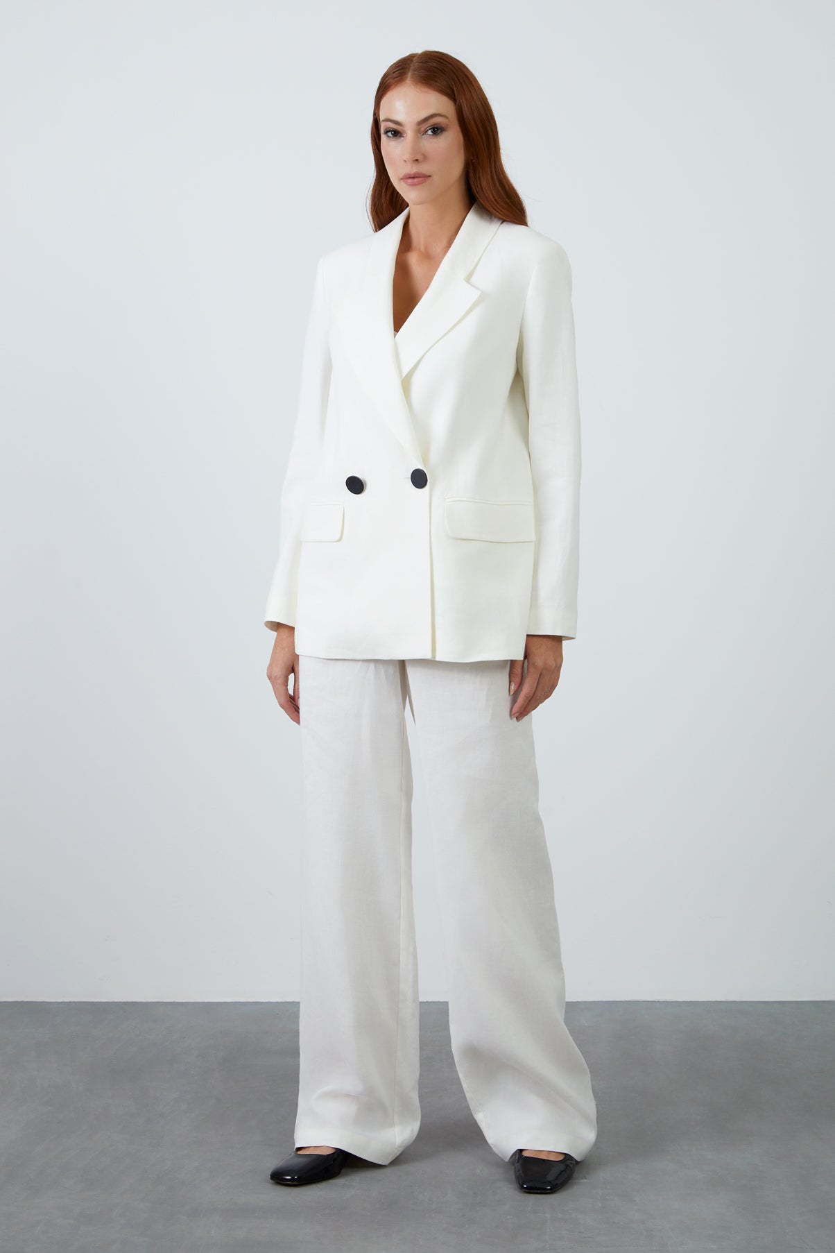 Kontrast Düğme Detaylı Ceket Ve Palazzo Pantolonlu Takım