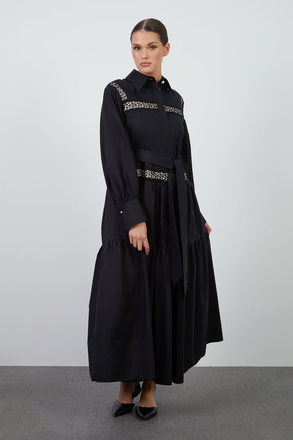 Dantel Şerit Detaylı Poplin Maxi Elbise