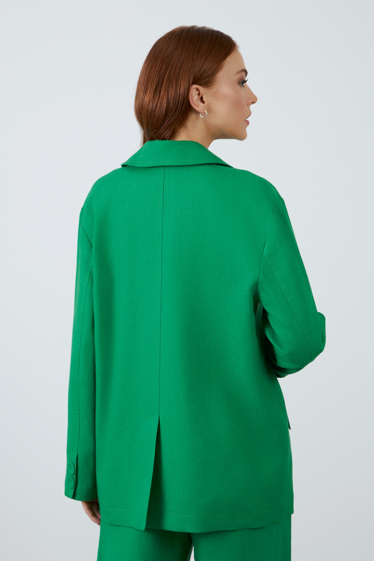 Arkadan Yırtmaçlı Uzun Kollu Koyu Keten Ceket