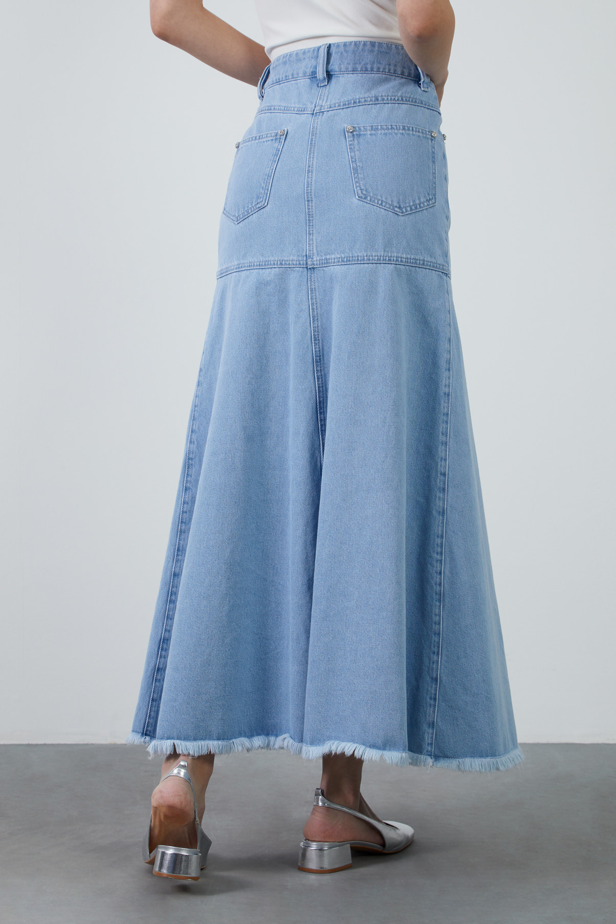 Yüksek Bel Kloş Uzun Denim Etek