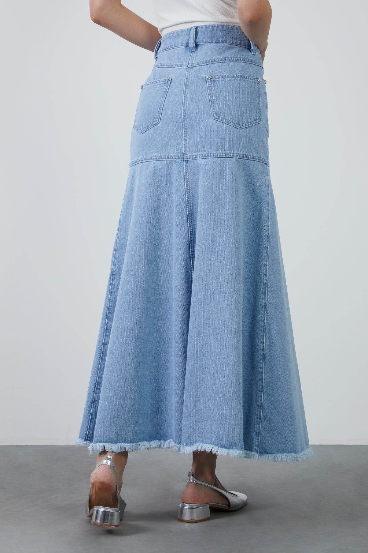 Yüksek Bel Kloş Uzun Denim Etek