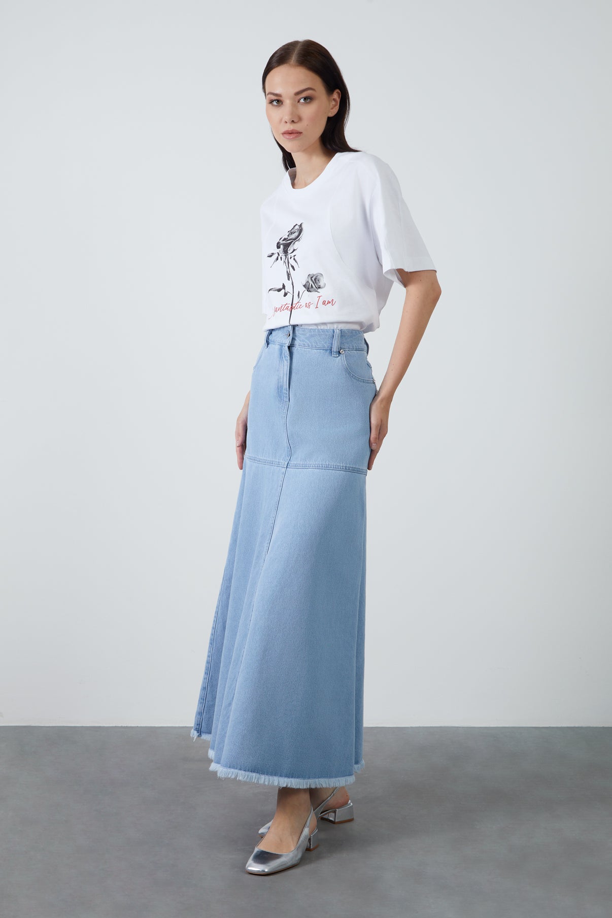 Yüksek Bel Kloş Uzun Denim Etek